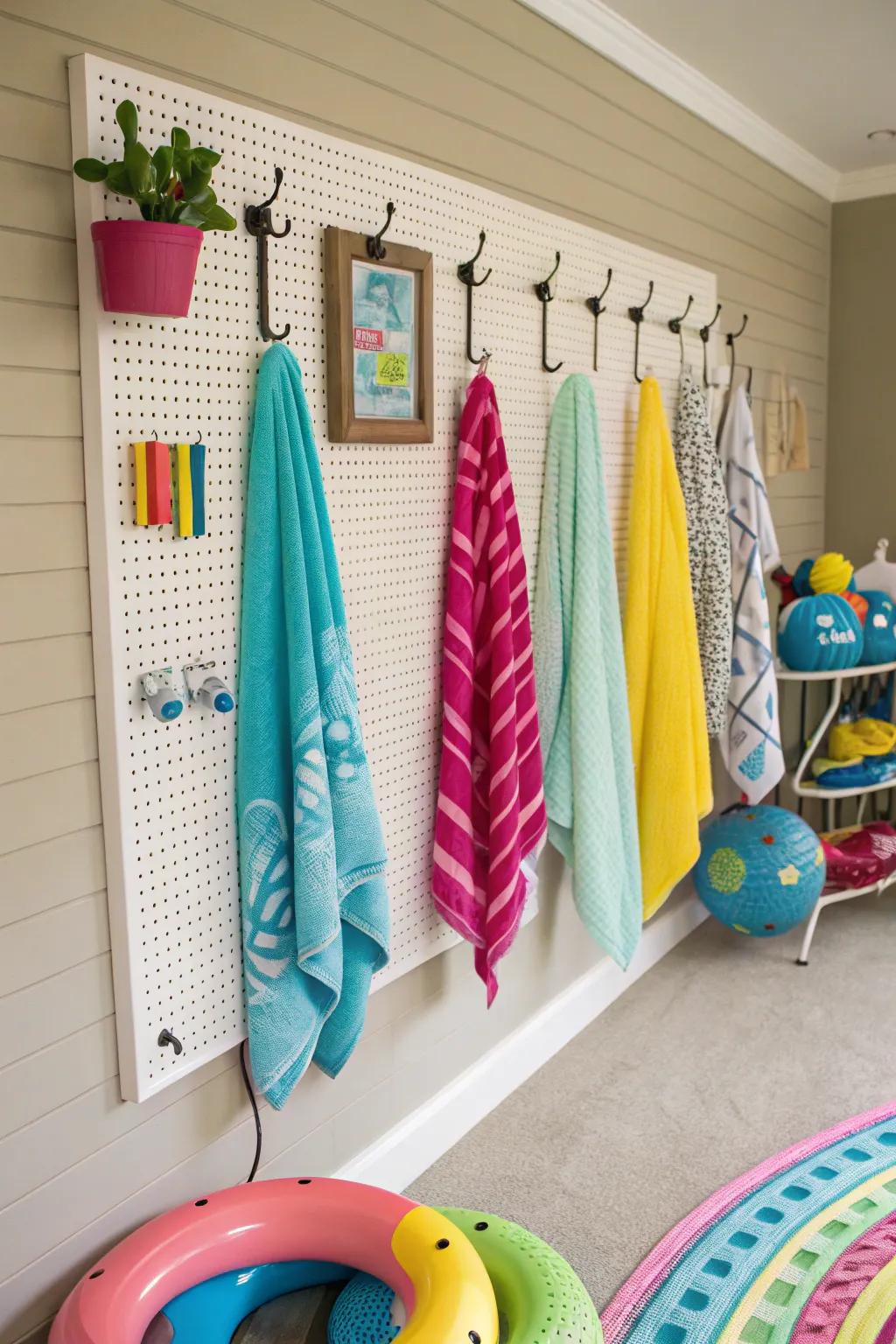 Hooks and pegboards deliver a functional storage remedy for towels and goggles.
