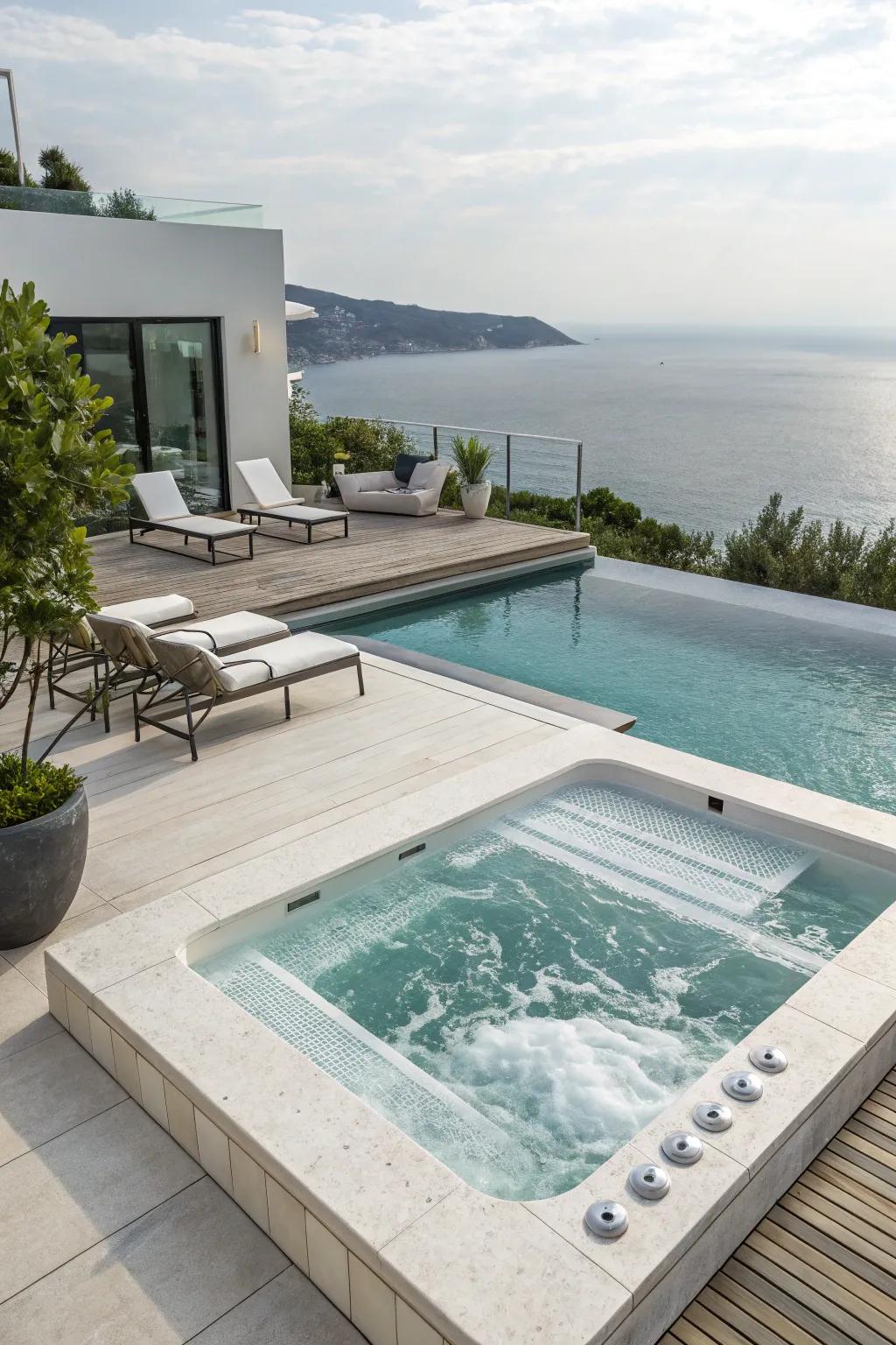 Elegant and sleek minimalist design for a contemporary pool and jacuzzi.