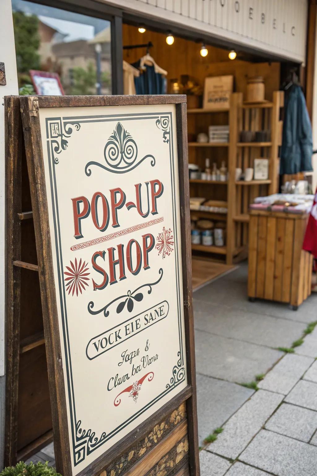 A vintage-style sign that incorporates charm and nostalgia to the pop-up boutique.