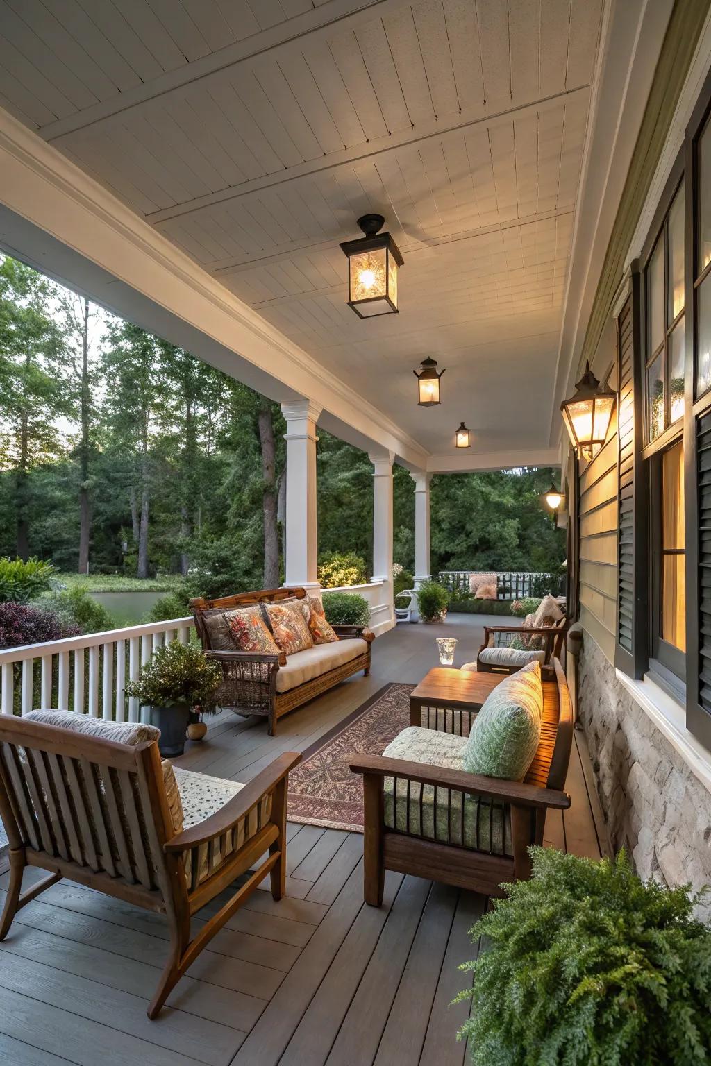 Lounging zones transform porches into hospitable havens.