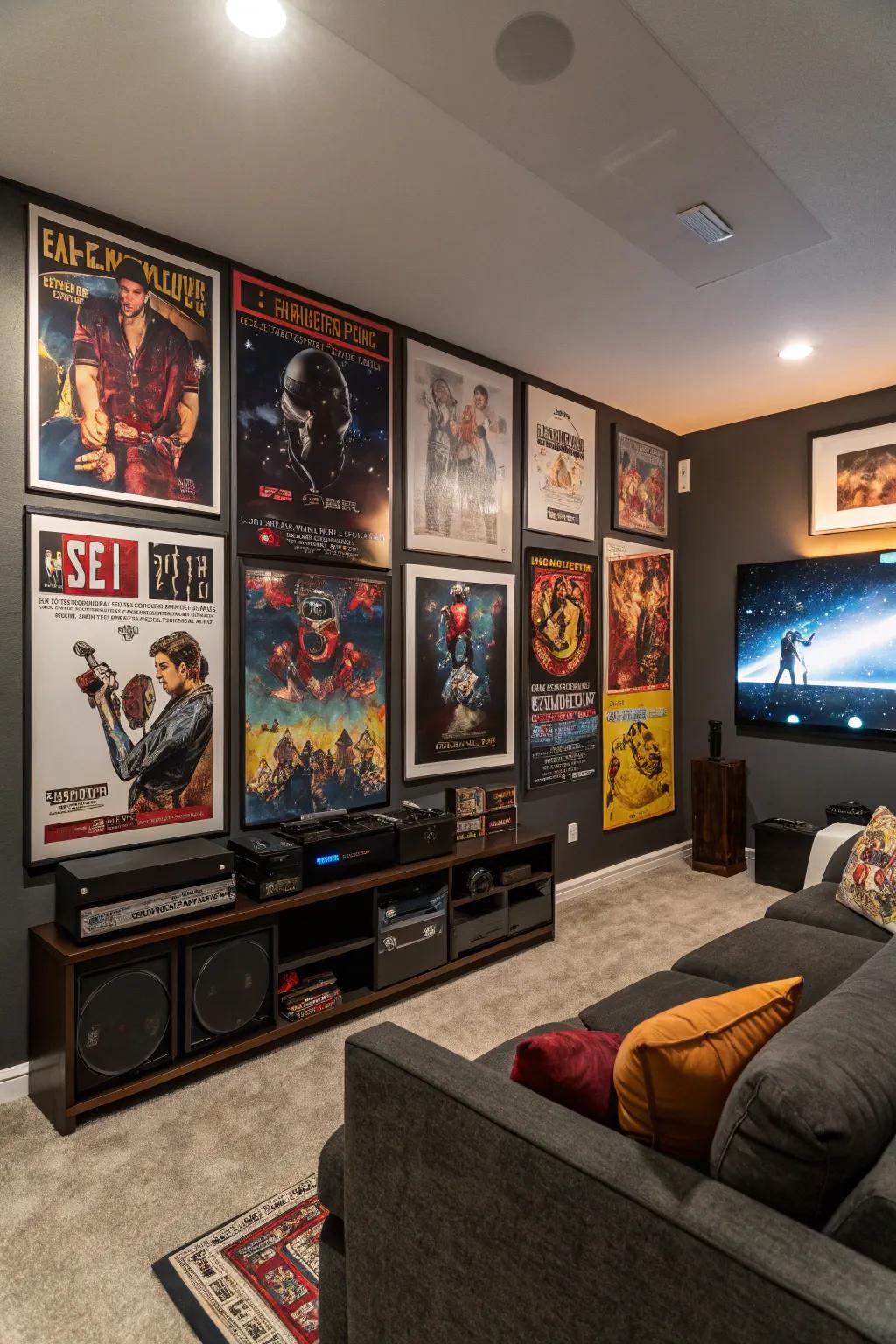A recreational room enhanced with posters inspired by pop culture.