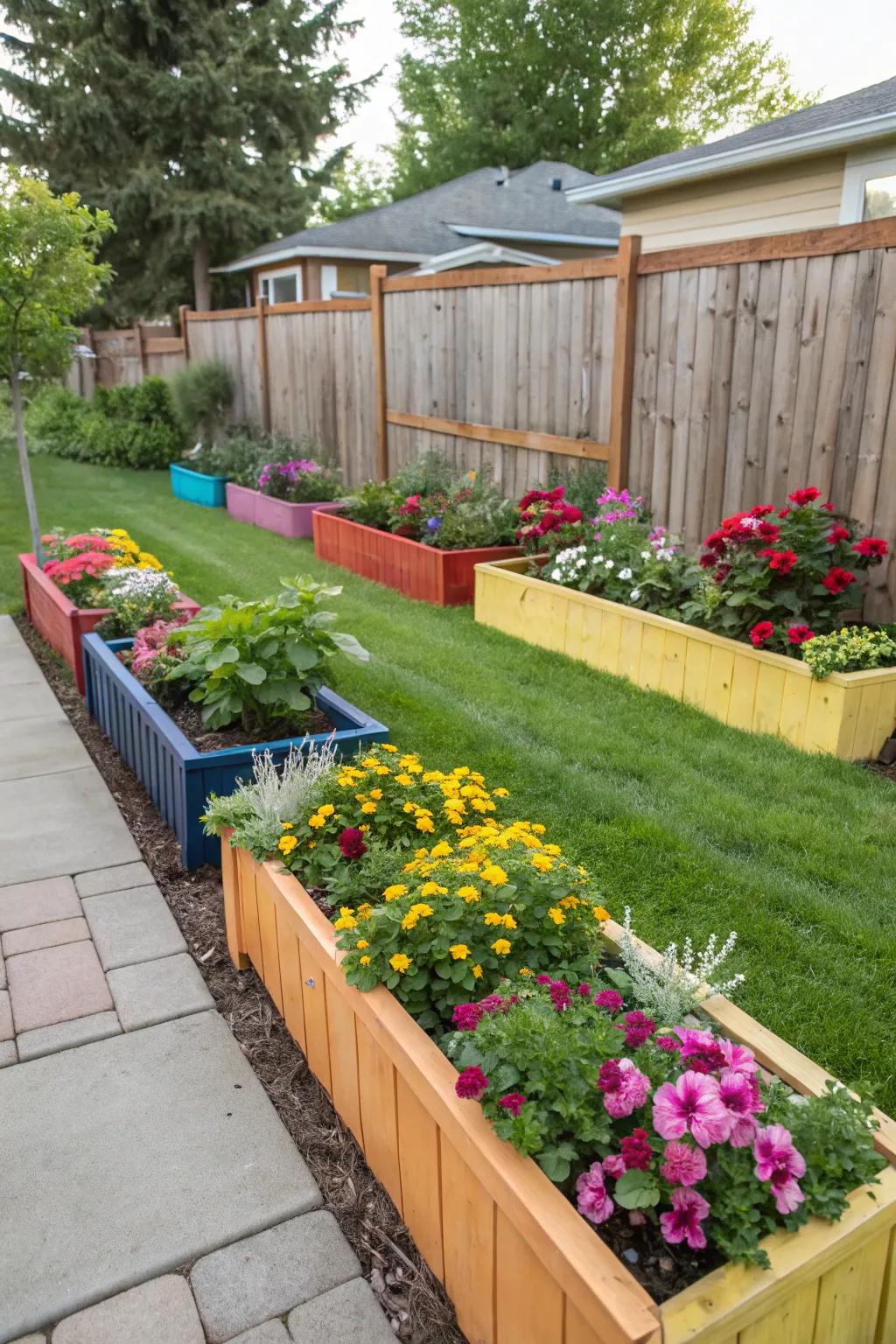 Grounds beds filled with blooms fashioning a lively property boundary.