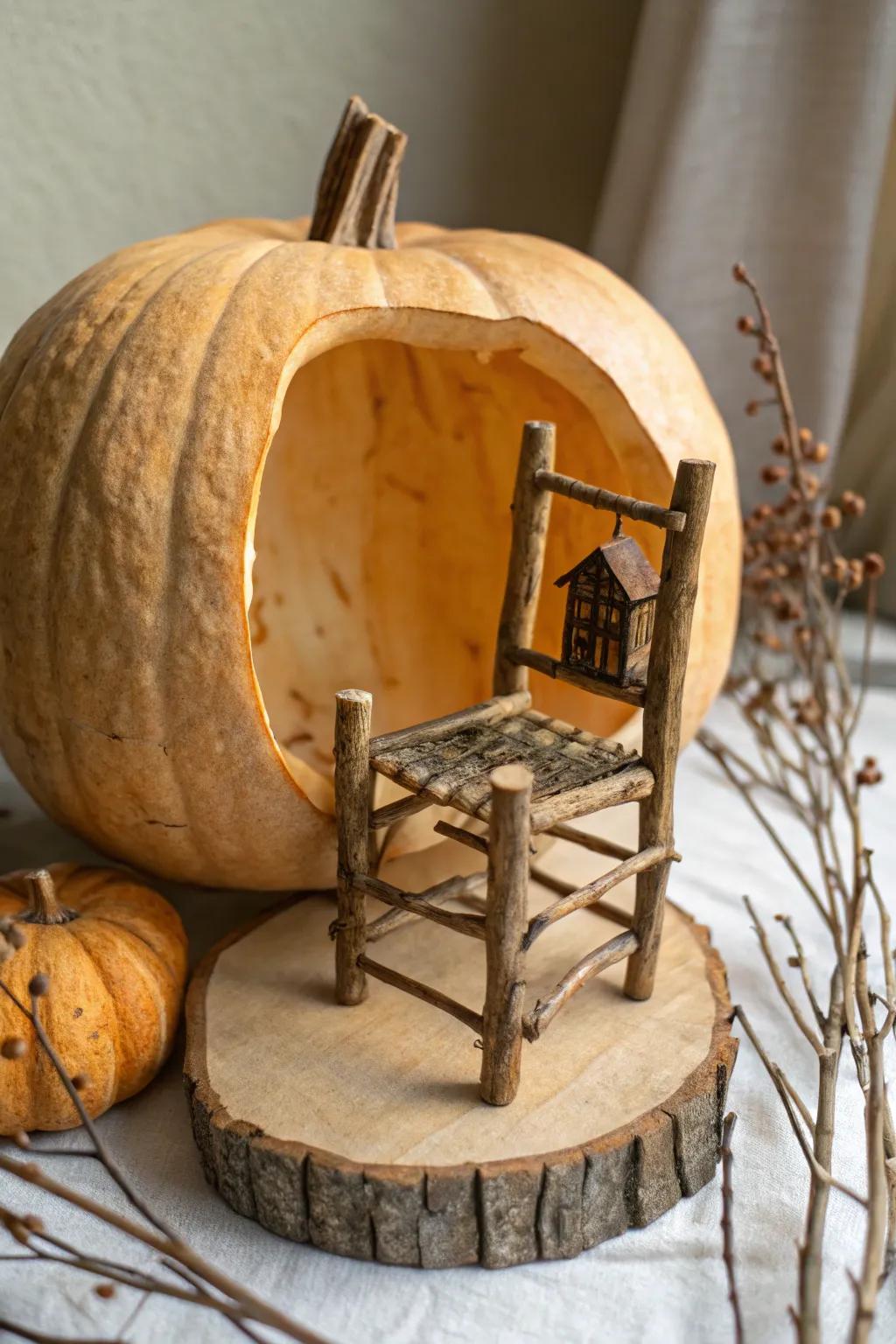 Venture into the enchanting realm of fairy chronicles with this charming sprig and rind chair, impeccable for a cozy gourd sanctuary.