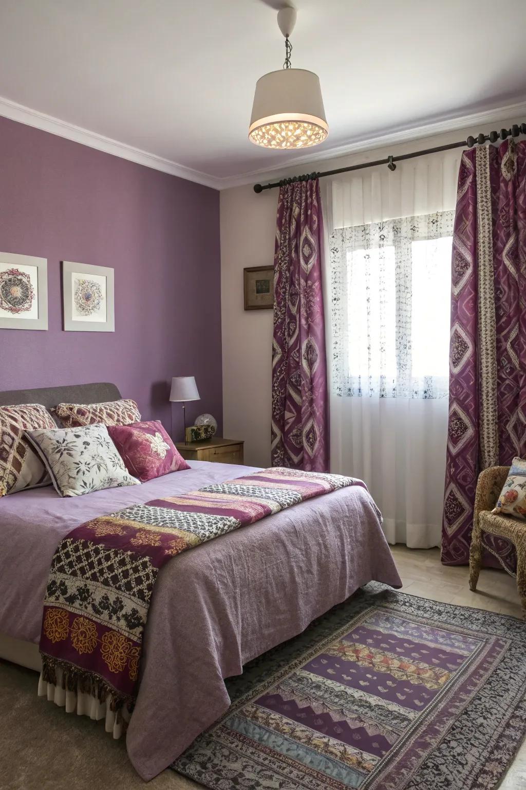 A mix of patterns creates a lively atmosphere alongside purple walls.