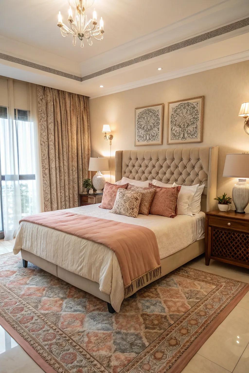 Coordinated colors establish a sense of balance in pillow arrangements.
