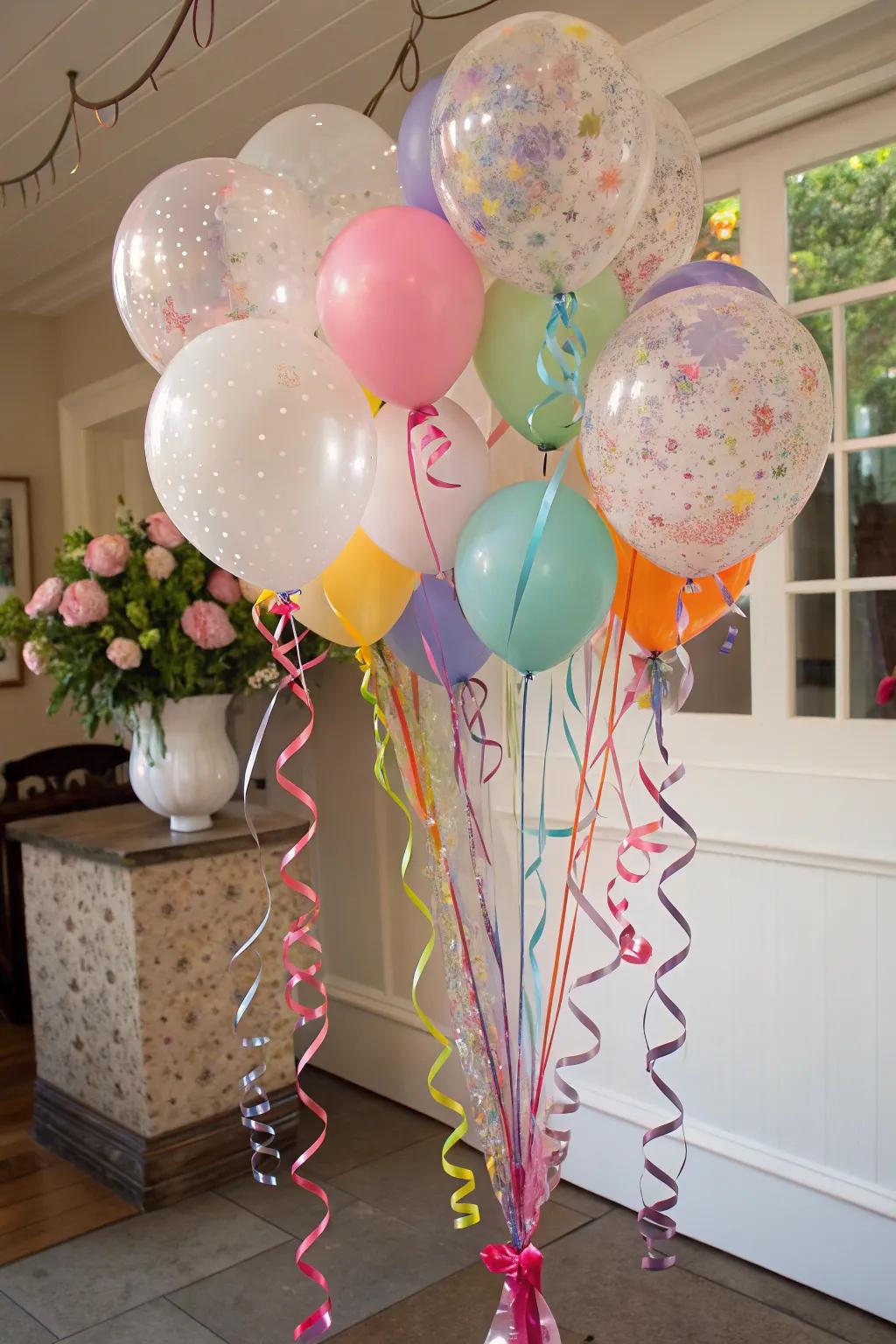 Balloon posies with ribbons augment splendor to the ornamentation.