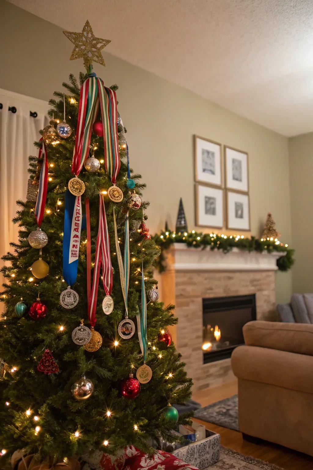 A festive Christmas tree exquisitely adorned with race medals.