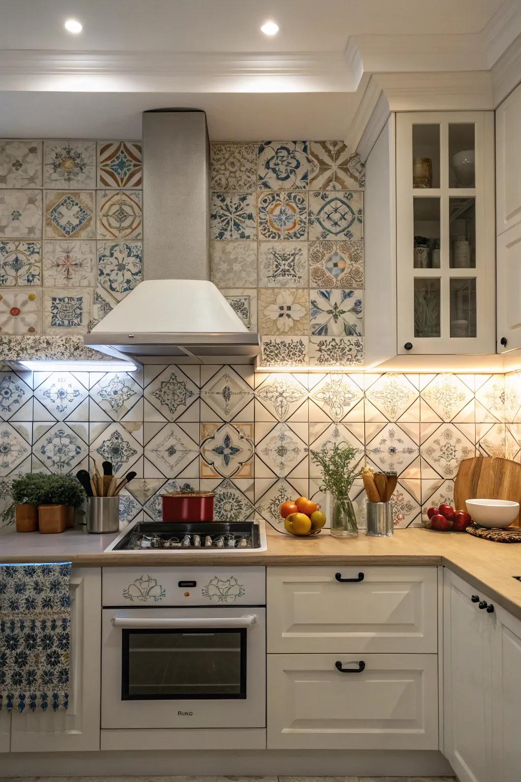 Kitchen scene featuring a detailed tile backsplash, adding character to a modest vent hood.
