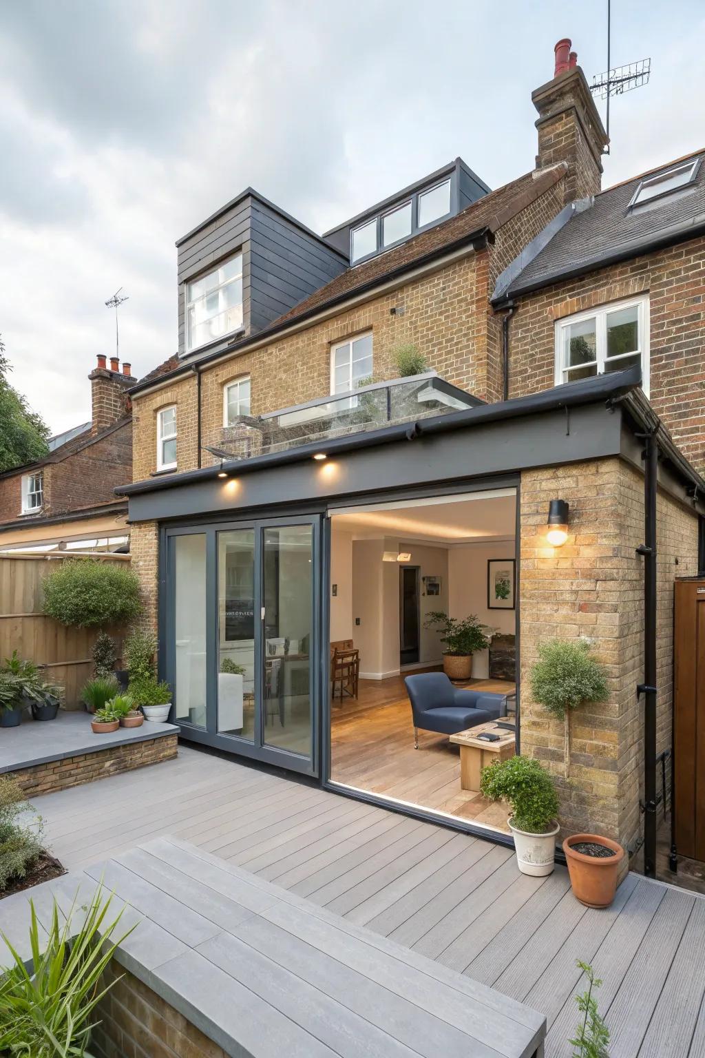 A rear house extension featuring a flat roof and a stylish roof terrace.