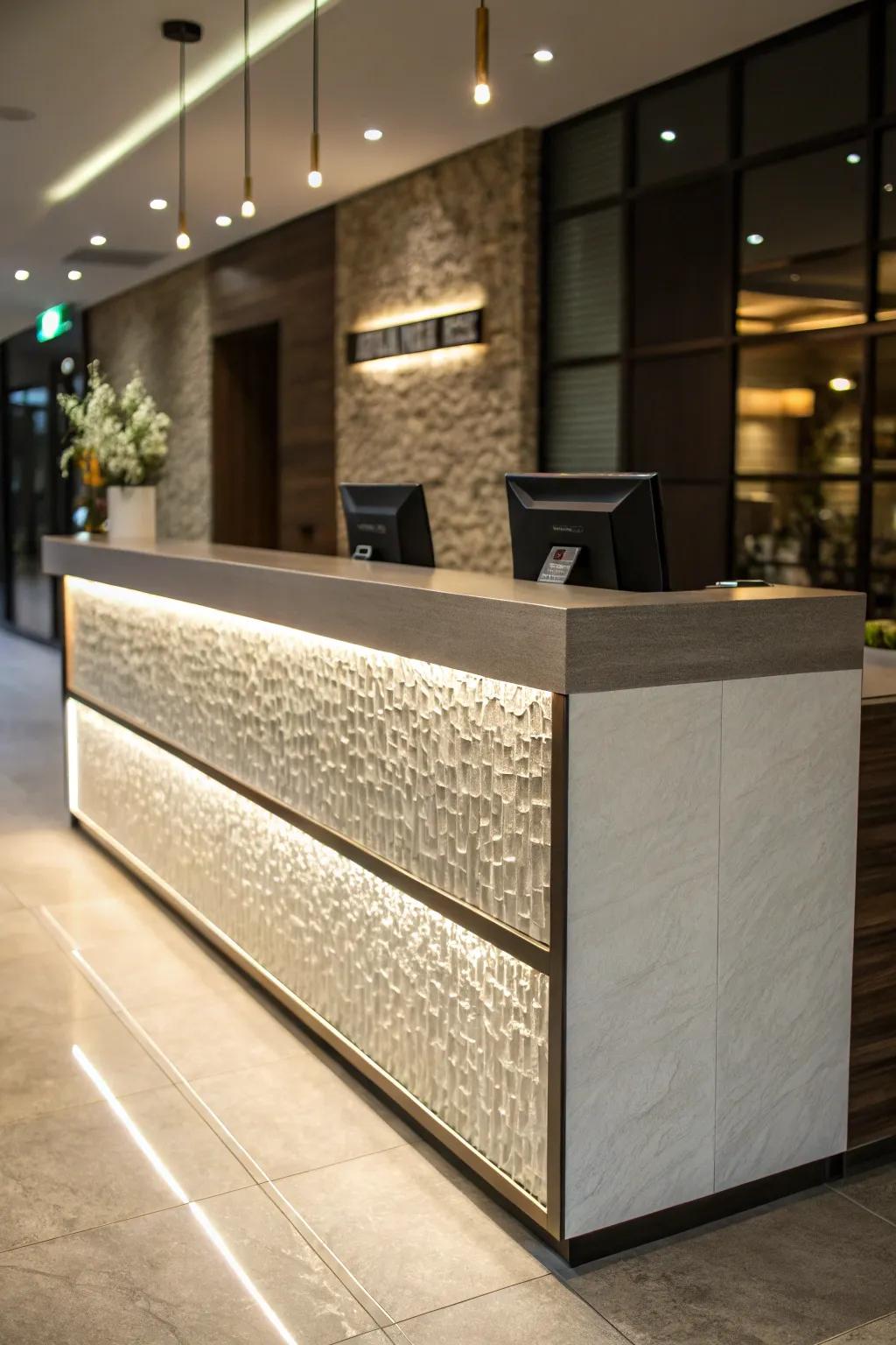A welcome desk that plays with surfaces for added dimension.