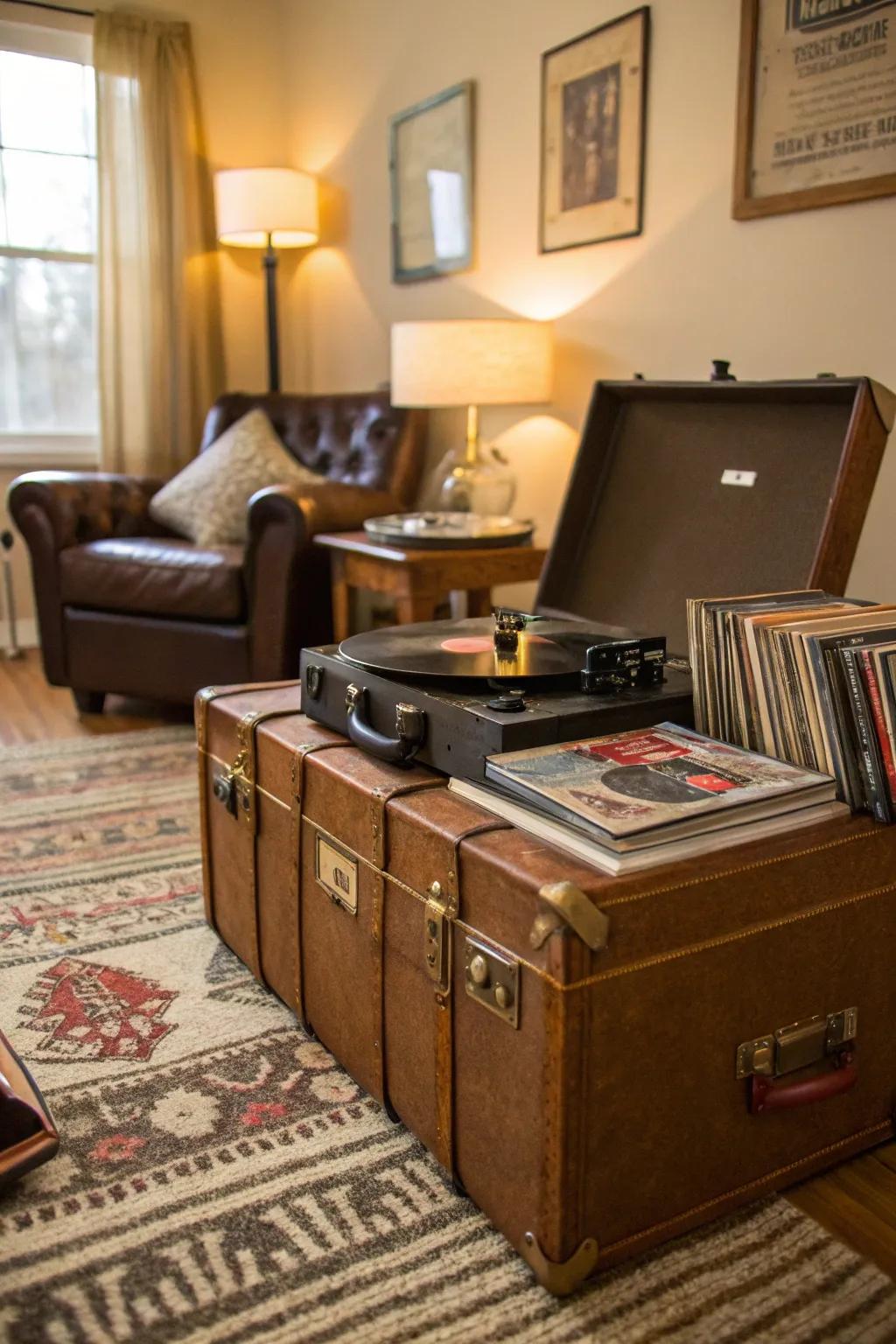 An unconventional record player arrangement utilizing a vintage suitcase stand.