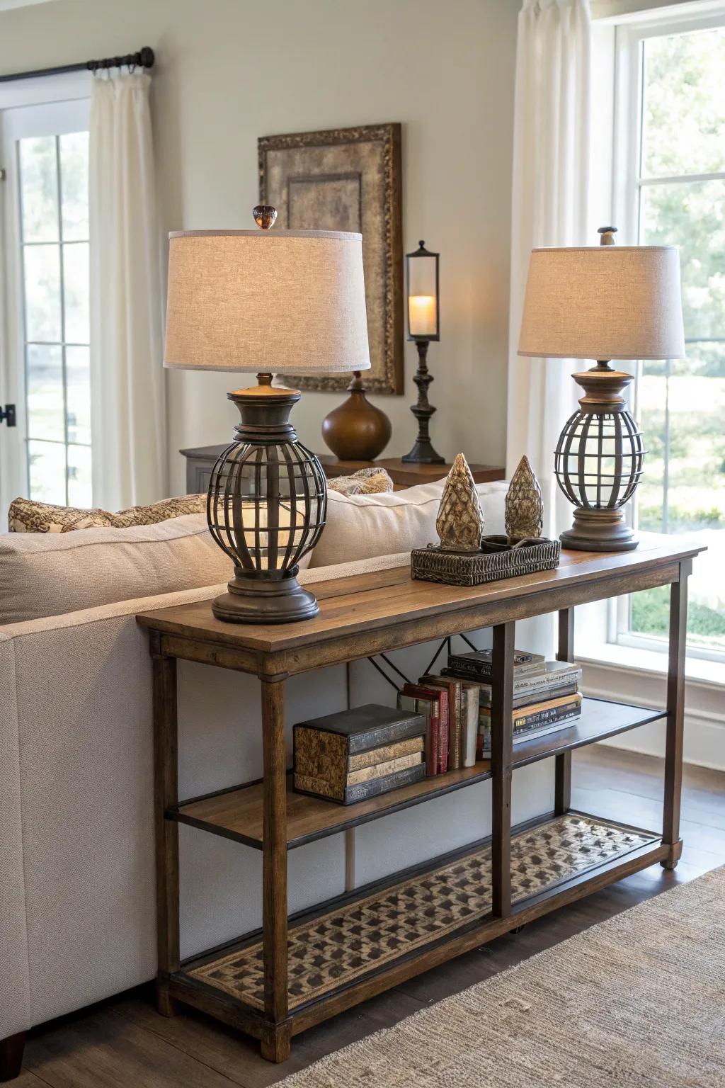Console tables add function and style behind sofas.