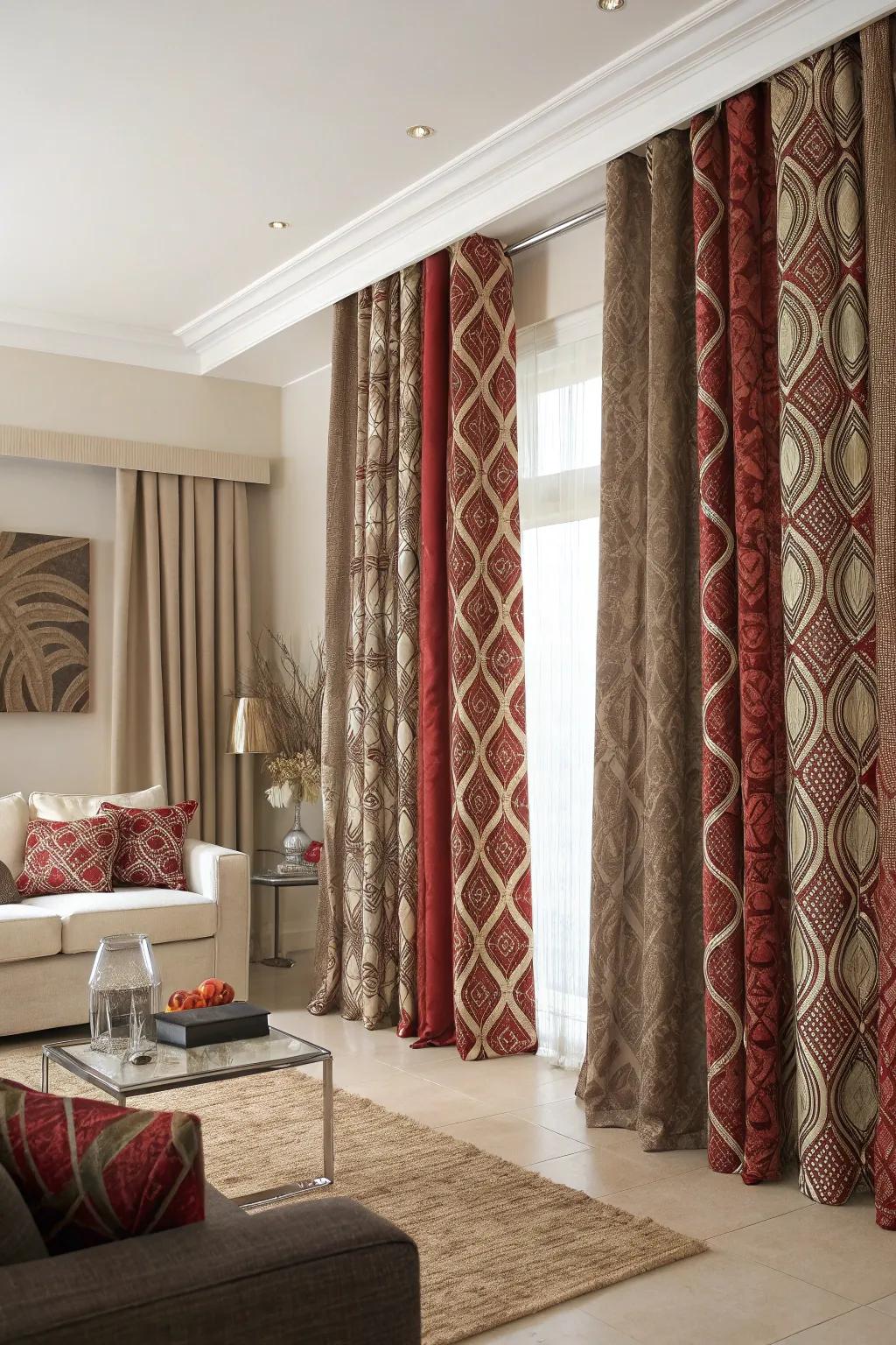 Patterned drapes add visual intrigue and style to a living room.