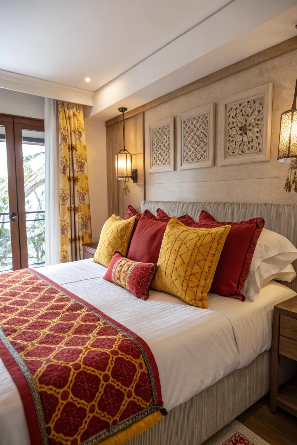 Ornamental cushions in crimson and gold contribute a cheerful accent to this boudoir.