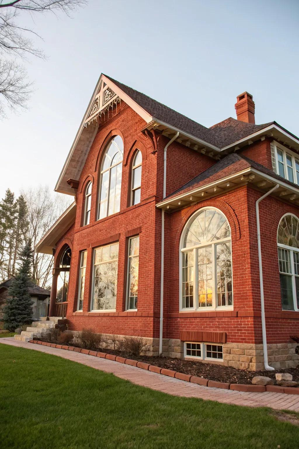 Distinctive windows impart character to this red brick house.