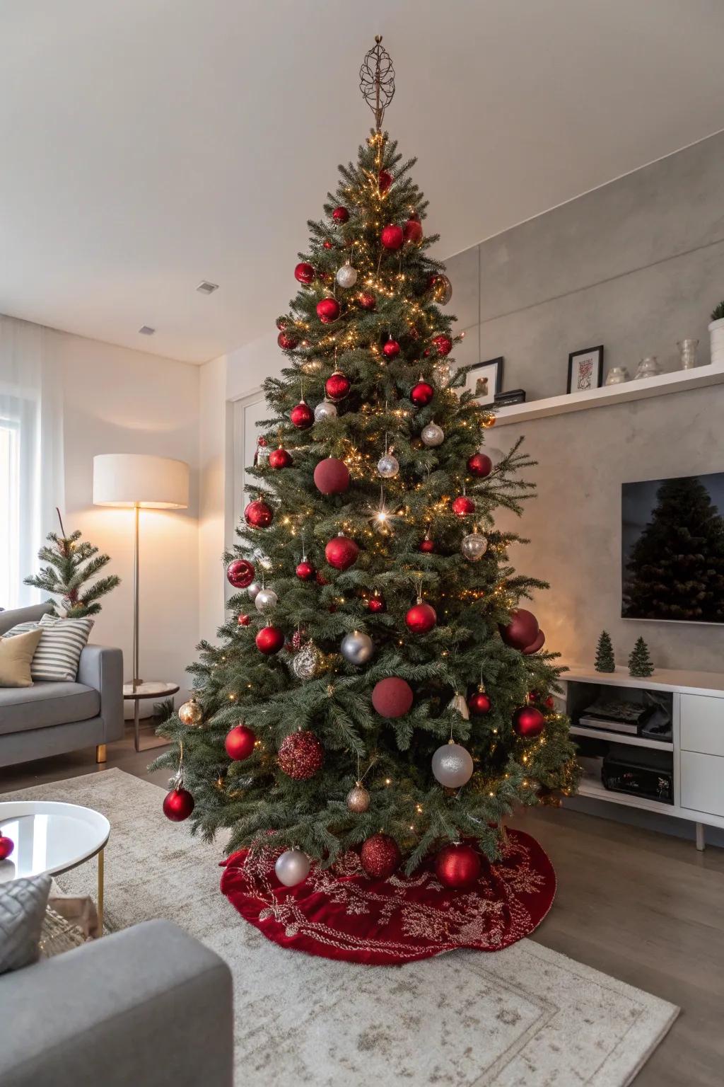 Elegant Christmas tree featuring scarlet and metallic highlights