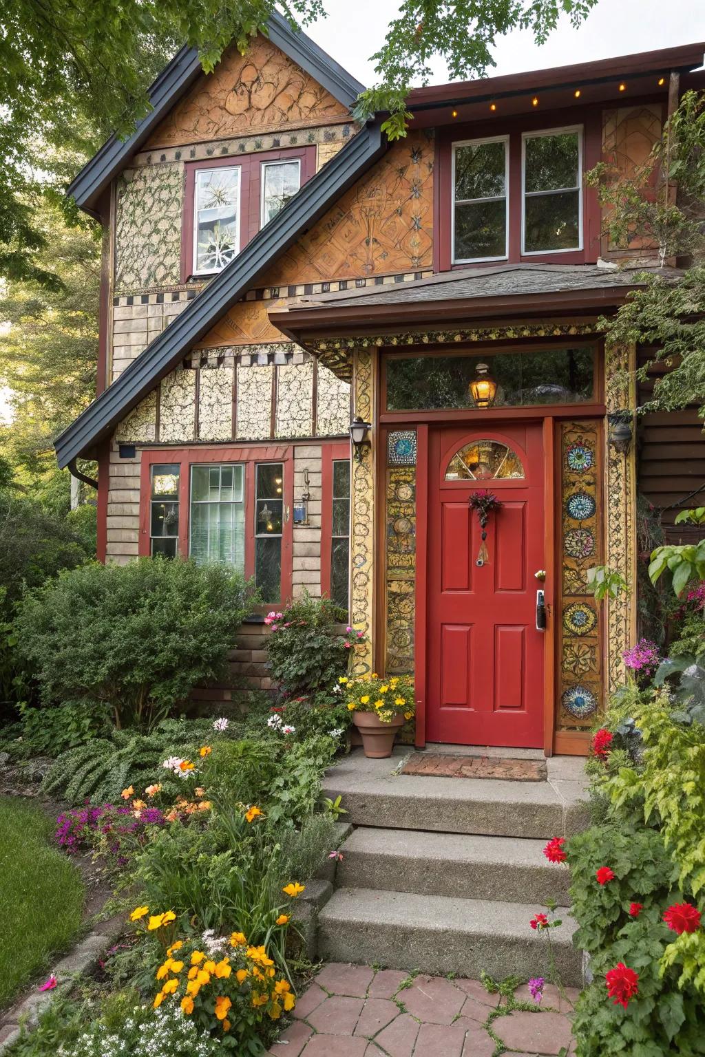 Eclectic home featuring a striking red entrance, celebrating individuality.
