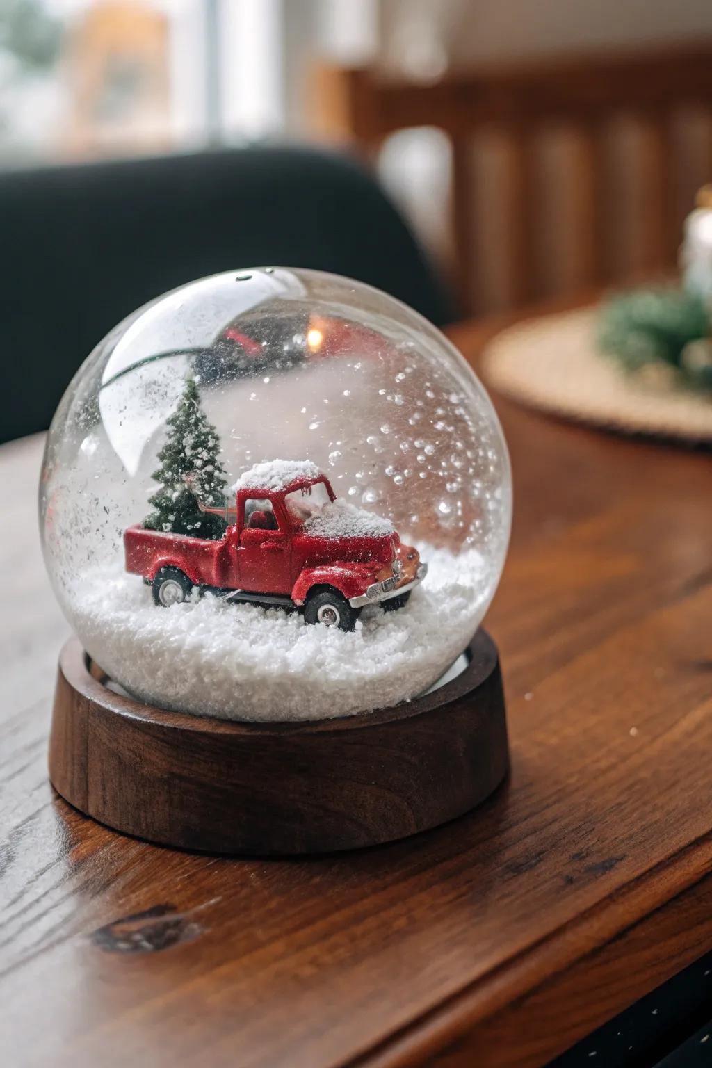 Delightful bespoke snow sphere exhibiting a crimson pickup.
