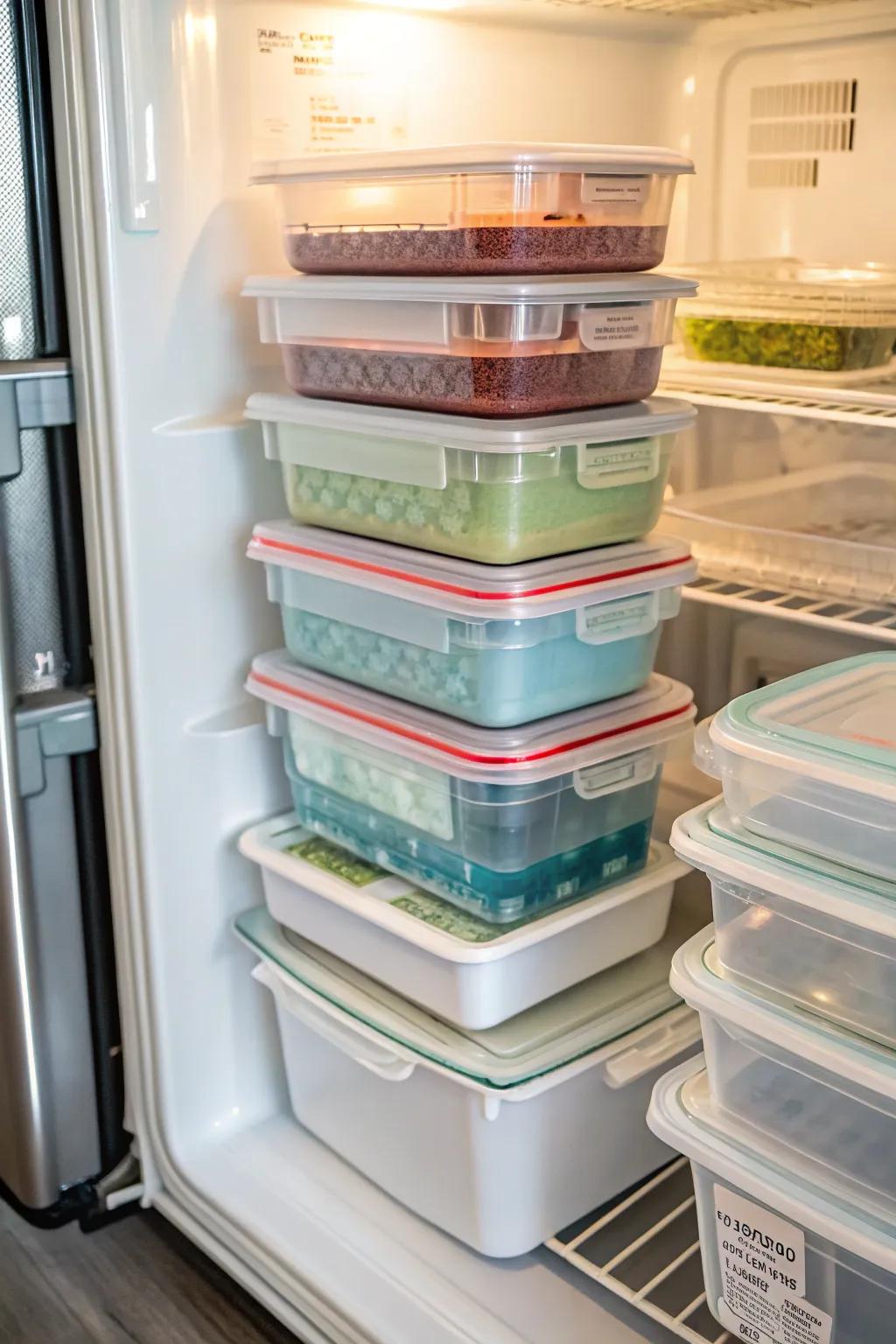 Vertical stacking helps utilize fridge space fully.