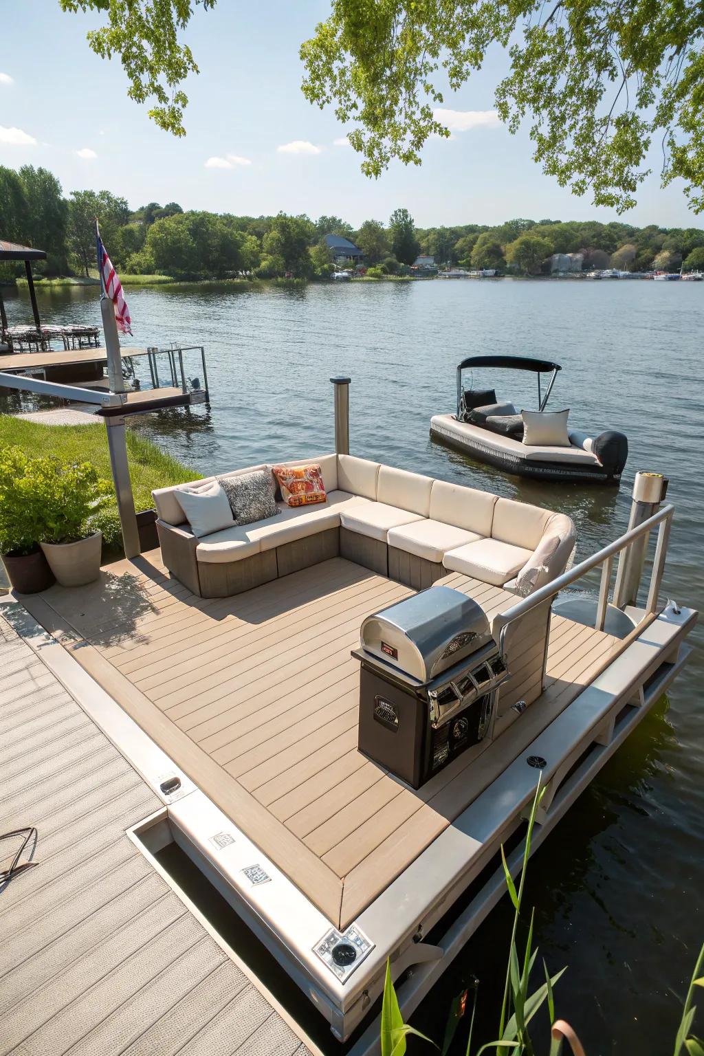 A dock with built-in features designed for both entertaining and relaxation.