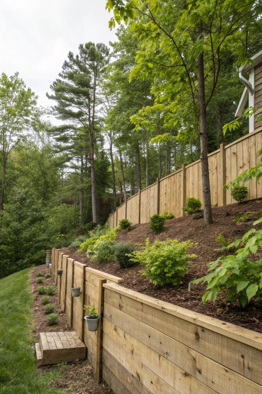 Outdoor areas are given a cozy, natural aesthetic by wooden walls.
