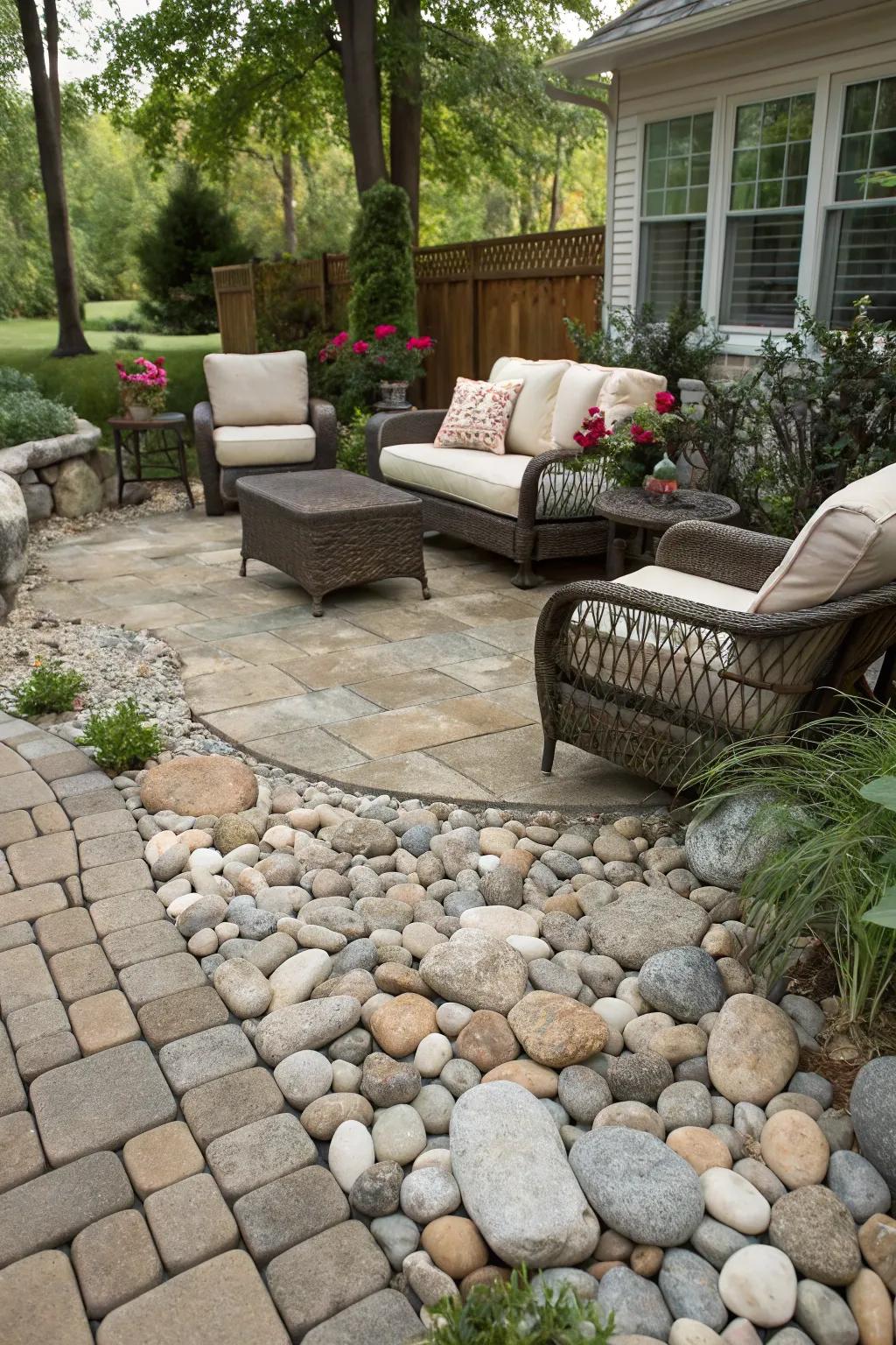 A textured terrace fashioned from shoreline stones provides a cozy space for leisure.