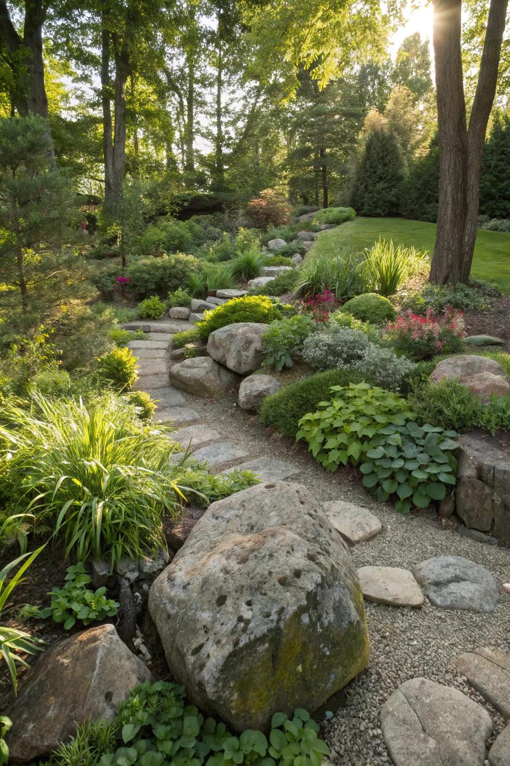 Naturalistic stone arrangements evoke an untamed, organic sensation.