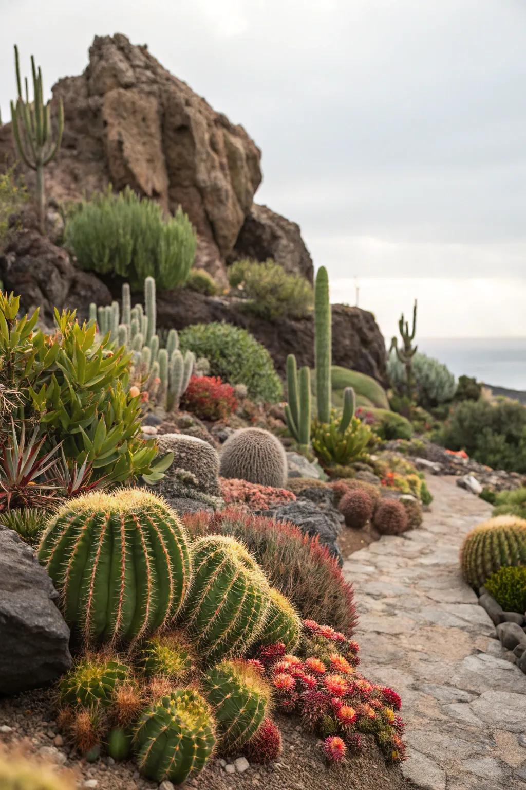 A vibrant fleshy plant and thorned plant display set against a rocky setting.
