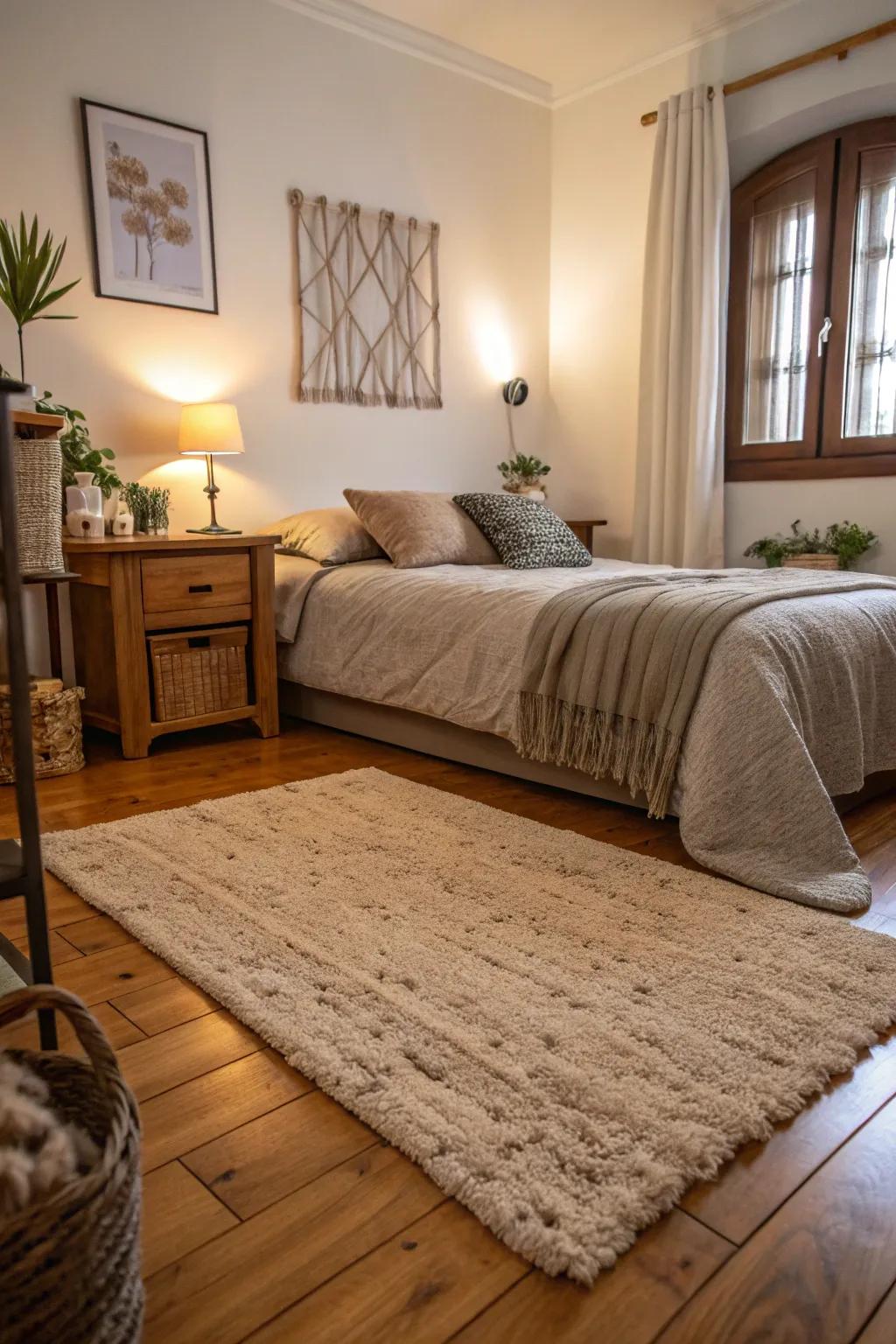 A gentle floor covering enhances the cozy atmosphere of the bedroom.