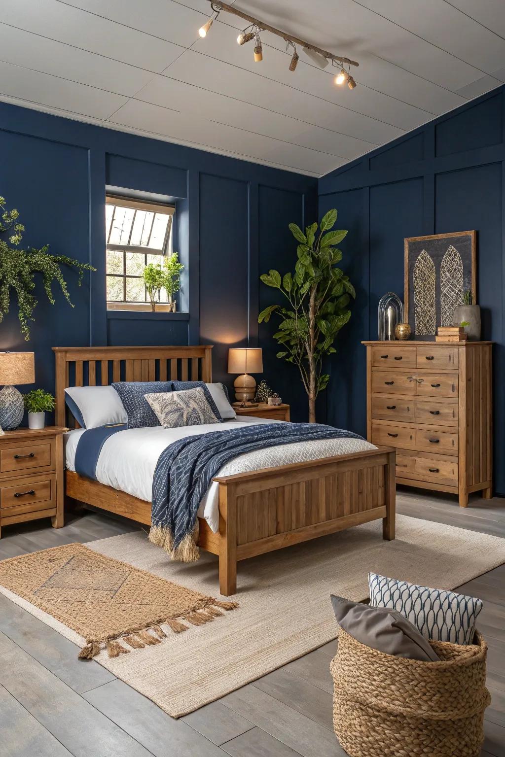 Organic wood components impart warmth and equilibrium to indigo décor.