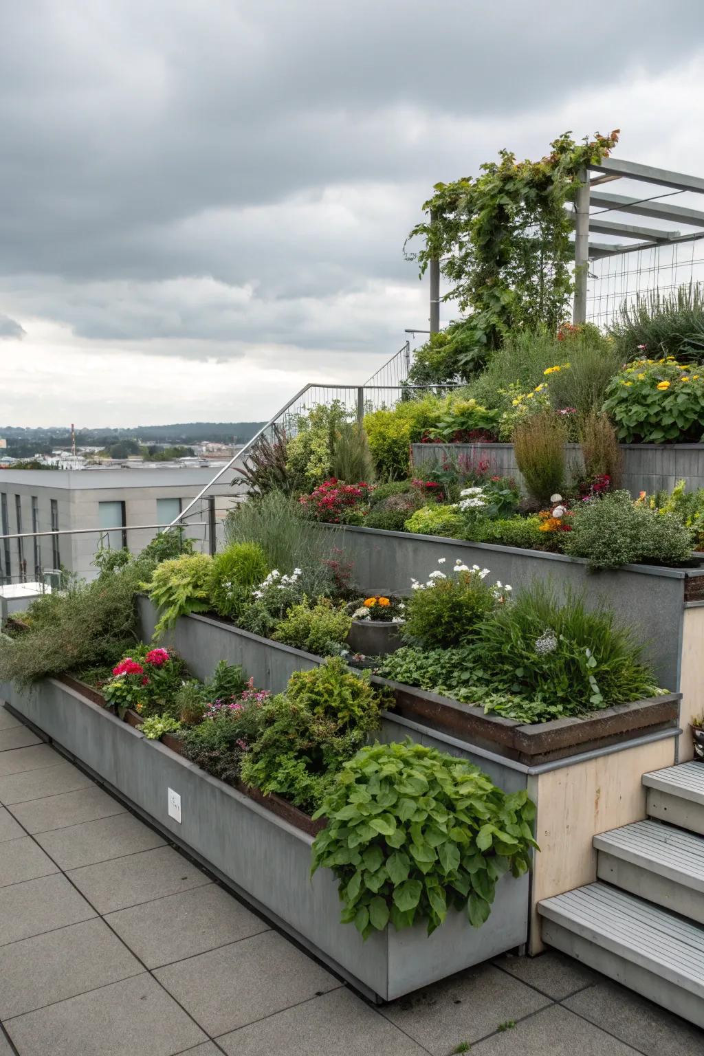 Staggered planters contribute visual fascination to your rooftop garden.