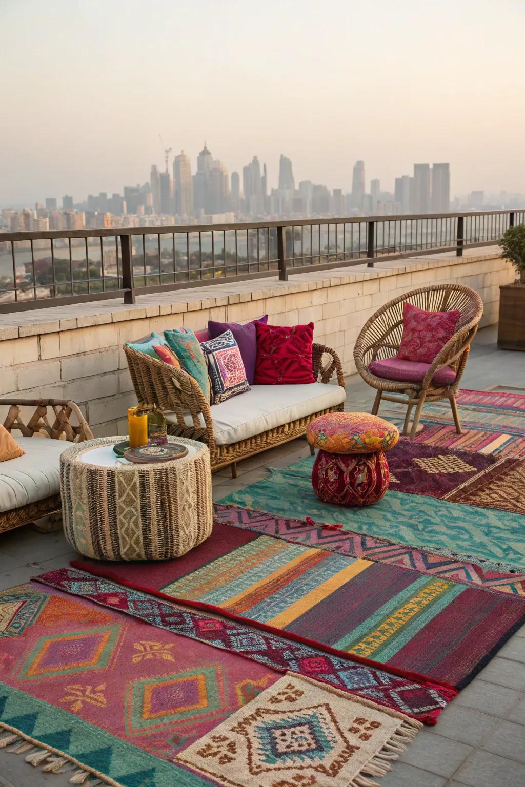 Incorporate comfort and style using decorative rugs and cushions.