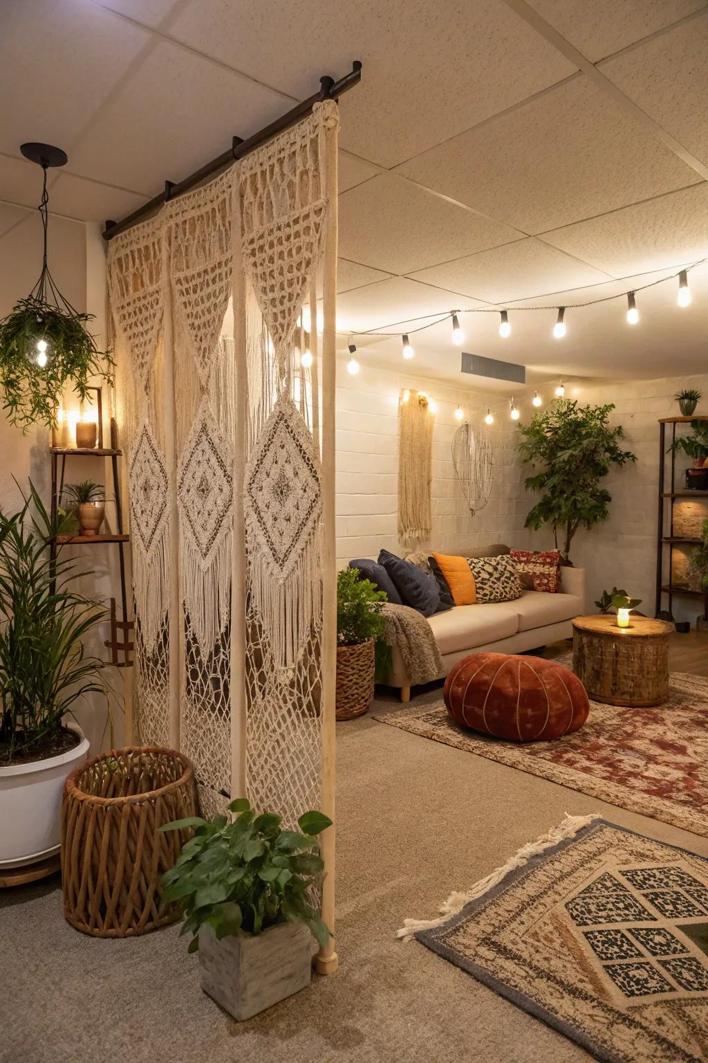 Macramé dividers bring an artistic and welcoming feel to basements.