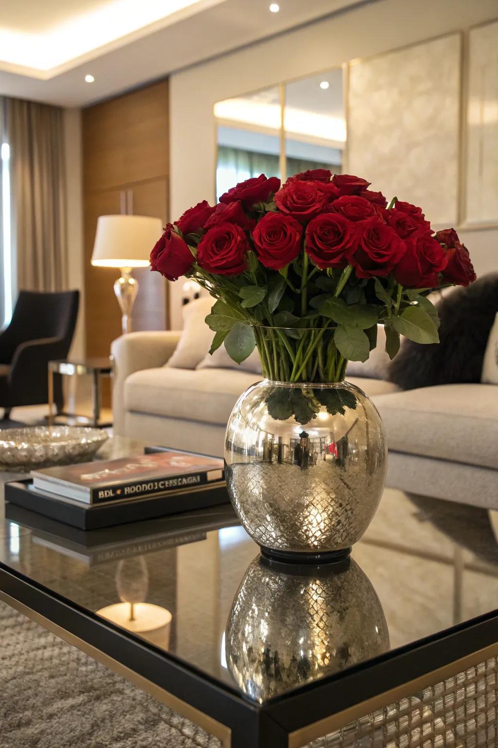 Enthralling reflections through roses within a mirrored vase.