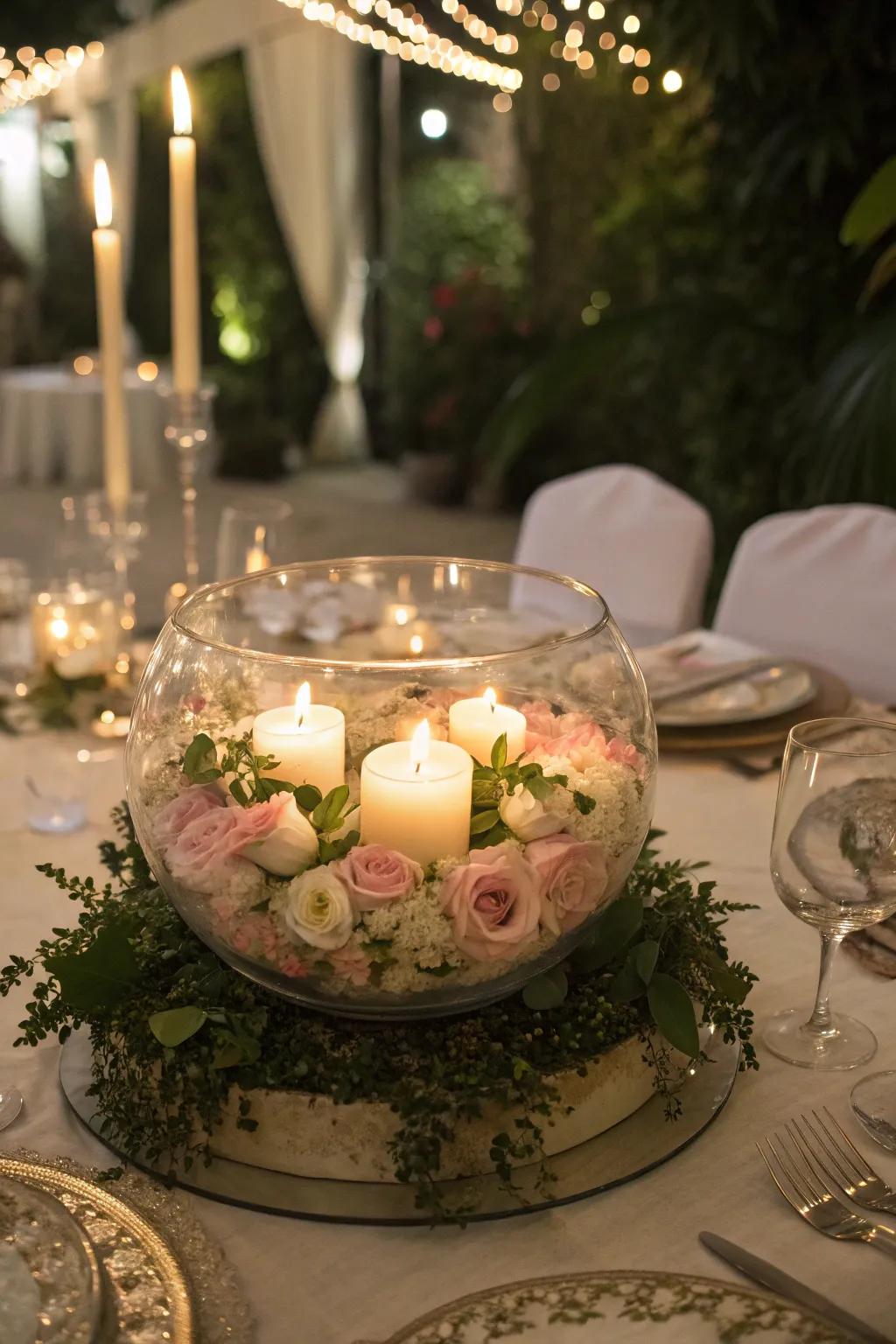 Glass vessels constitute stunning and refined wedding table adornments.