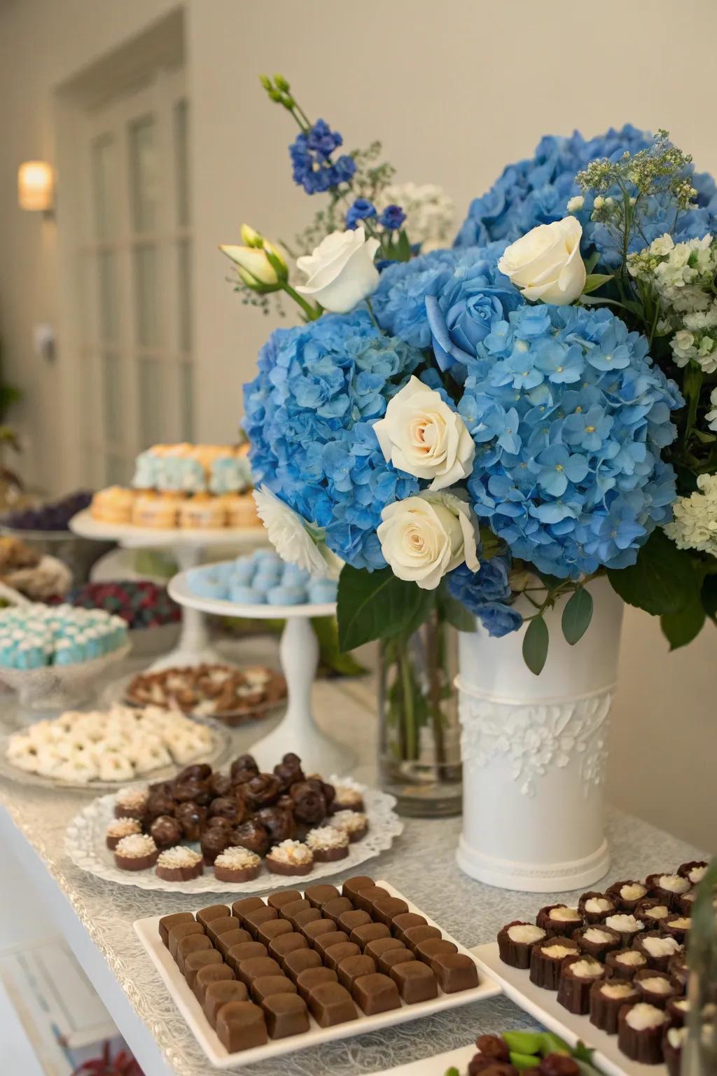 Azure floral designs infusing a fresh, natural element into the sweets display.
