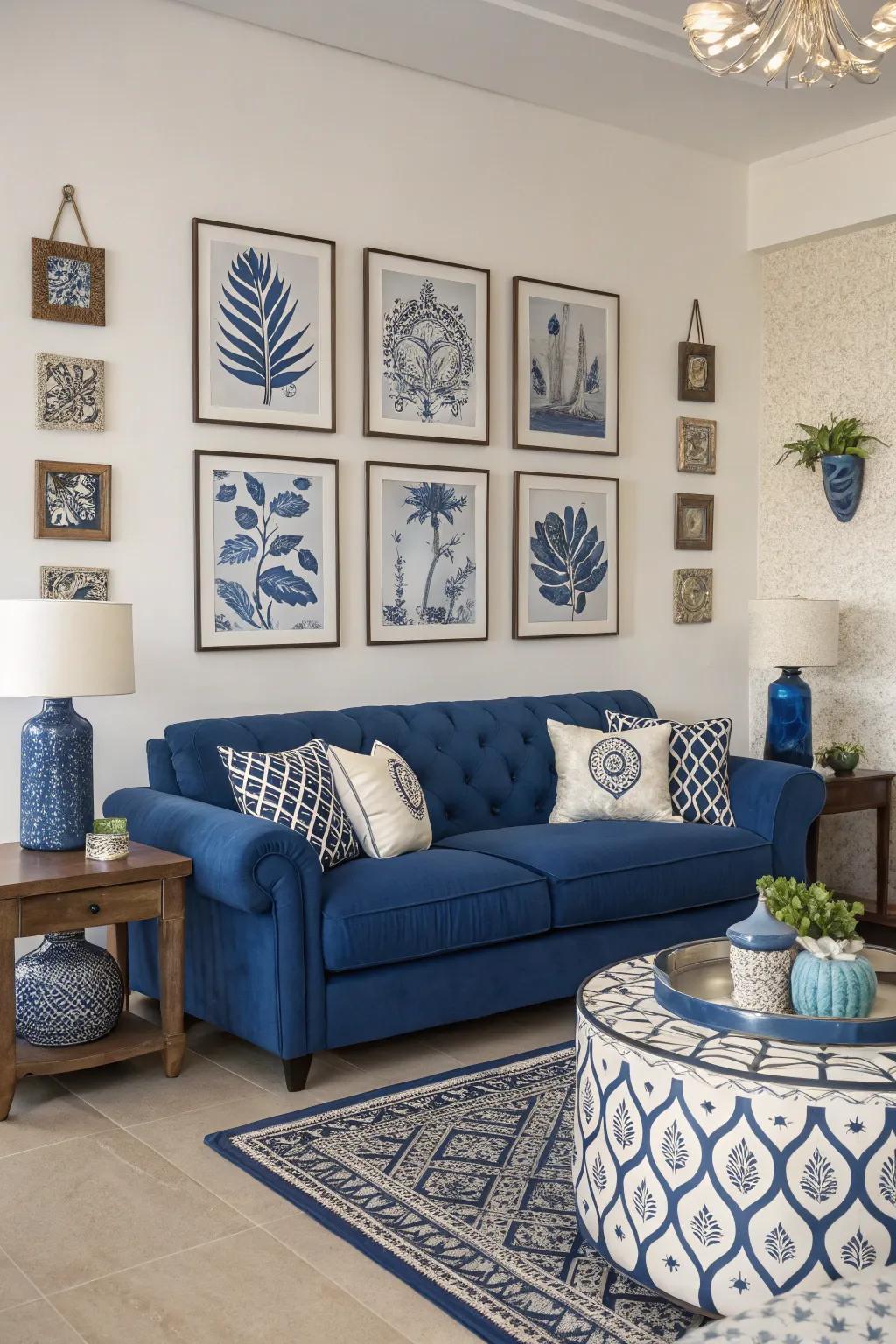 Art pieces featuring azure undertones enhance the sapphire settee, fashioning a cohesive appearance.