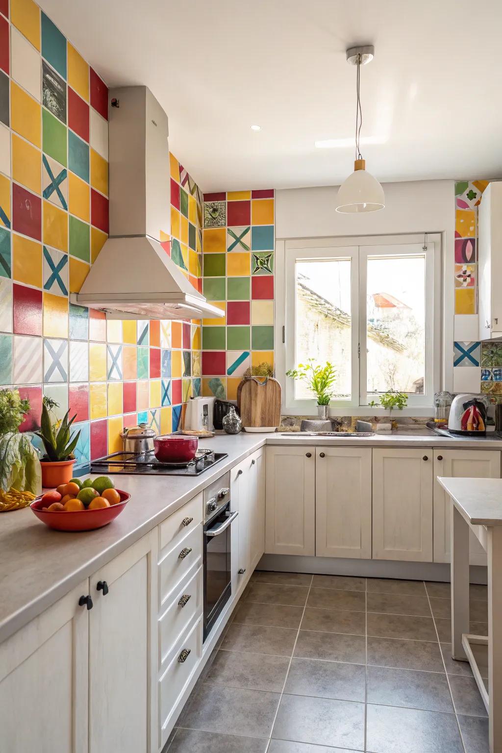 A striking backsplash turns into the point of focus in the kitchen.