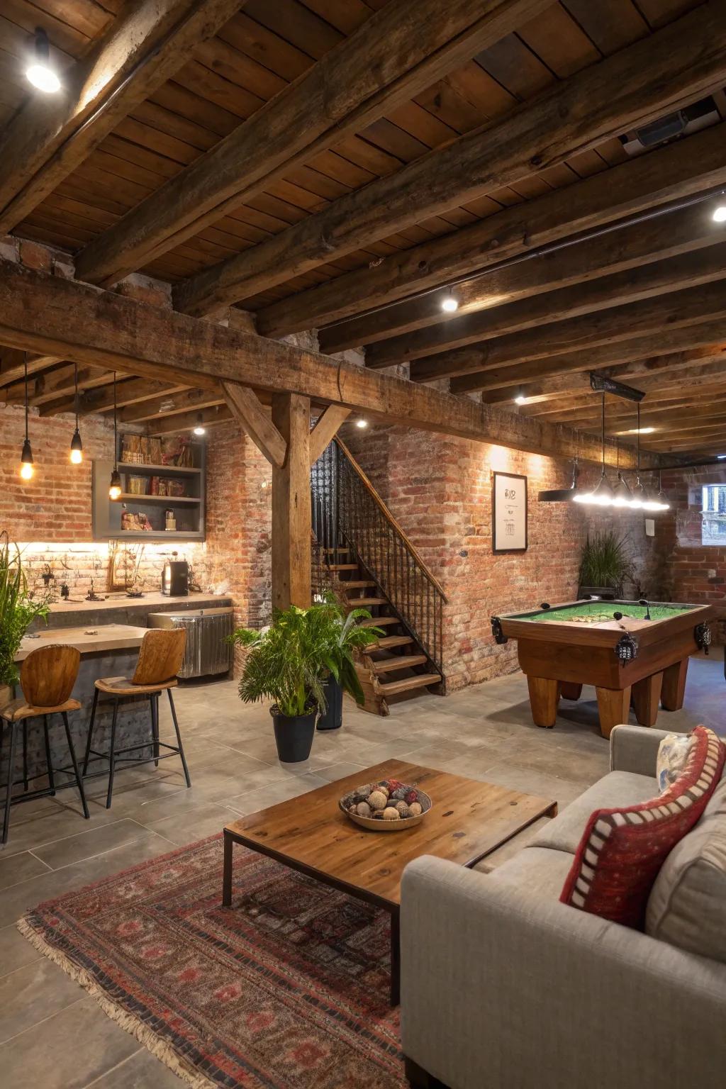 Open rooms help a homespun basement seem wide and helpful.