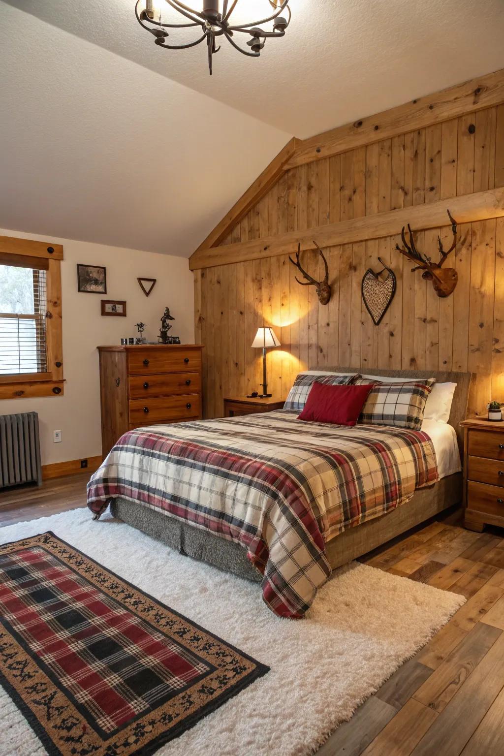 Deer horn decorations inject a wild, natural accent into countryside bedrooms.