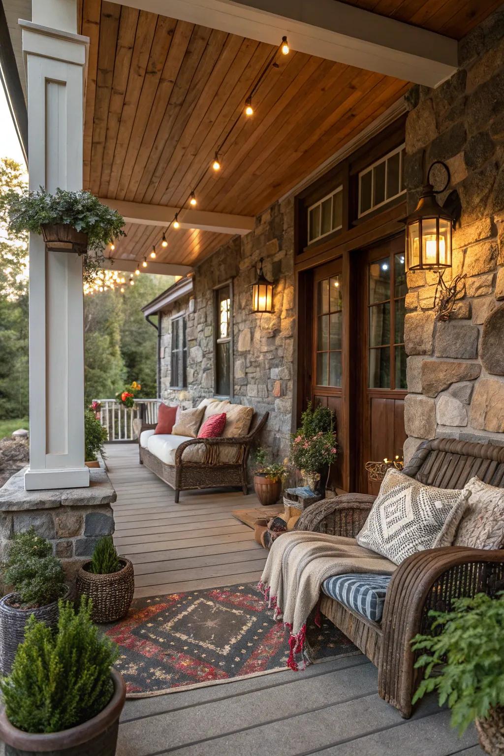Amalgamating textures contributes intensity and attraction to your porch.