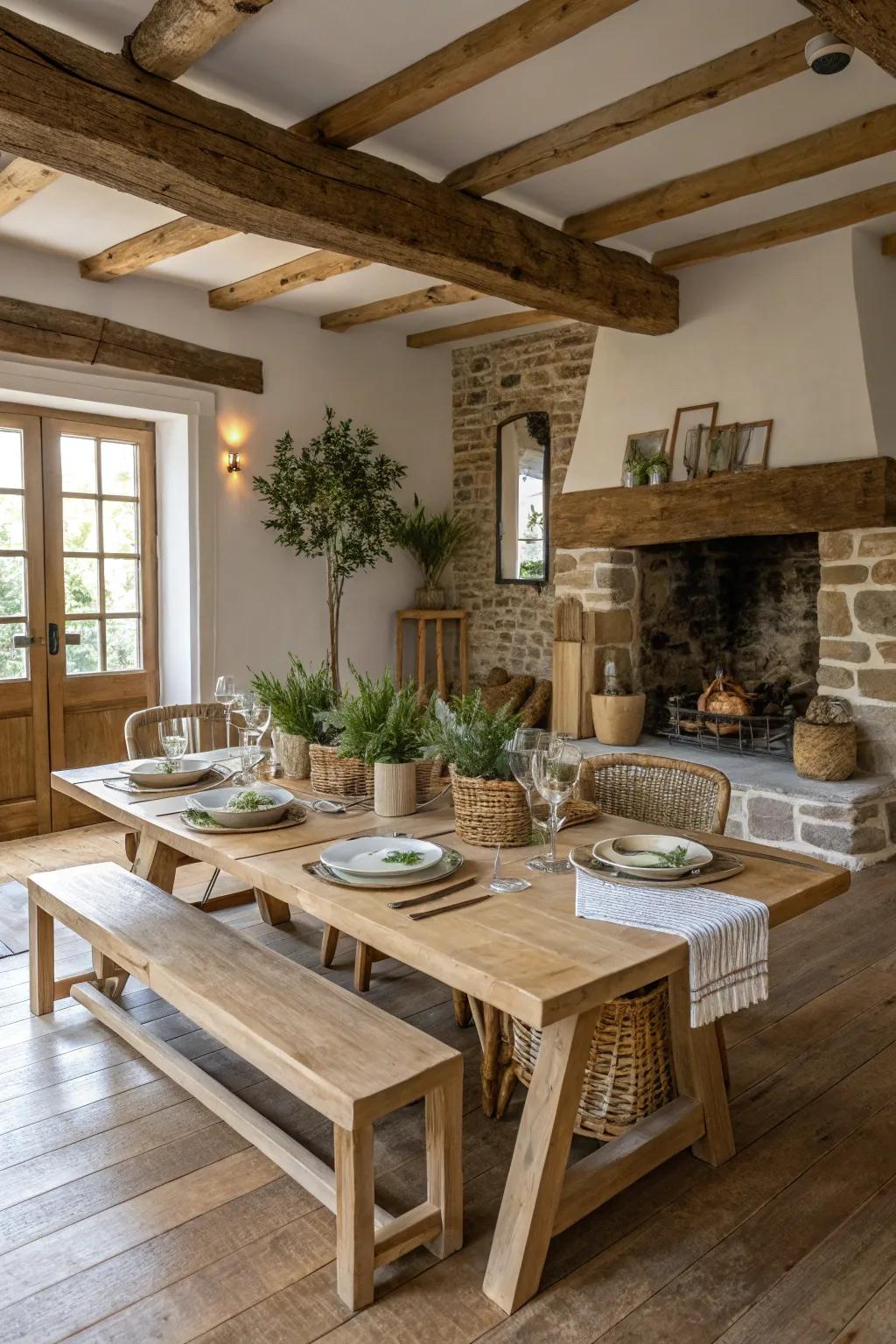 A country feeding room centered around a homestead table.