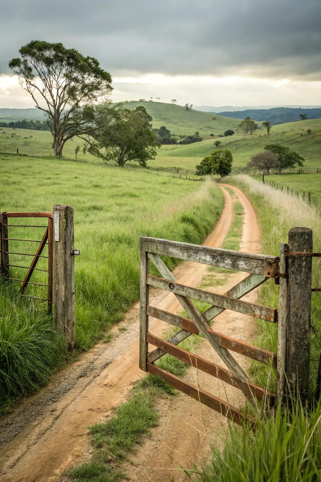 A stylish dual-swing portal at a farm gateway.
