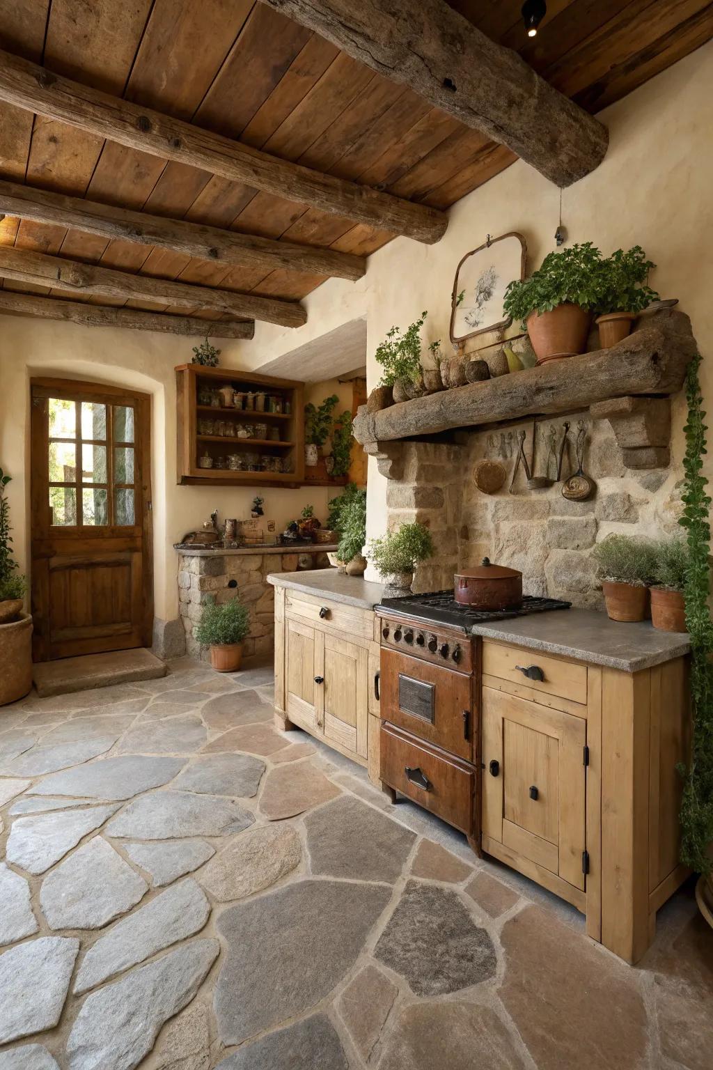 Flagstone flooring enhances organic splendor in the kitchen.