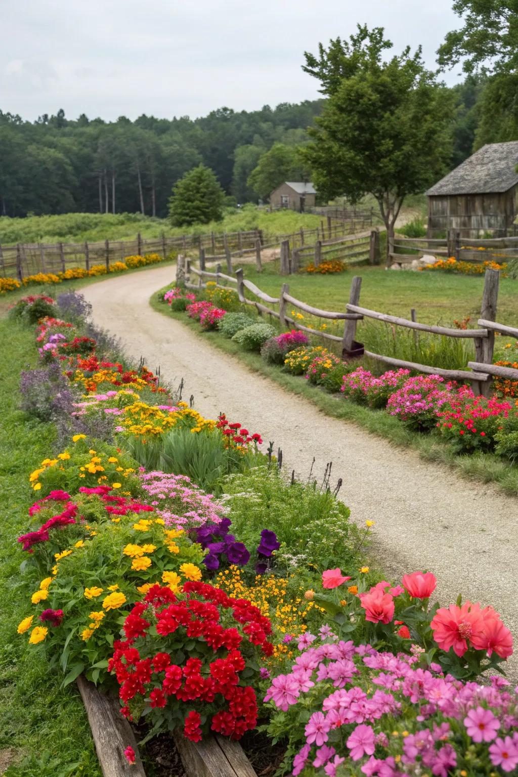 Colorful cultivation plots imparting vitality to a naturalistic setting.
