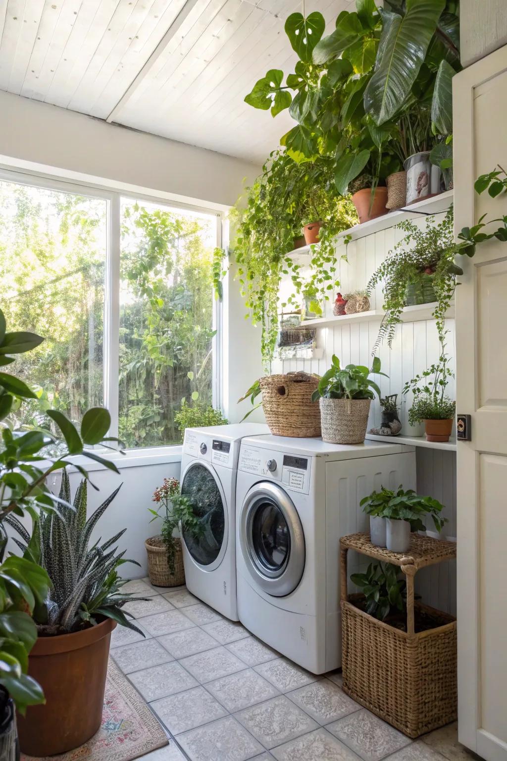 Plants add a fresh, organic touch to the laundry area.
