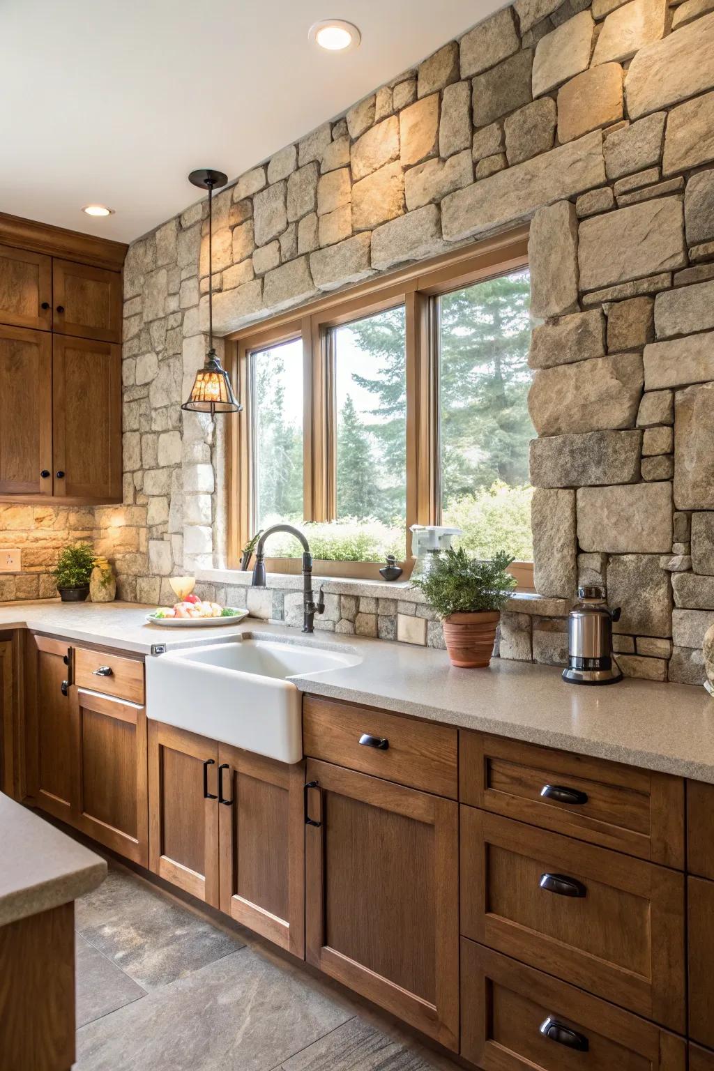 Masonry splashbacks contribute a rustic charm to the modern kitchen.