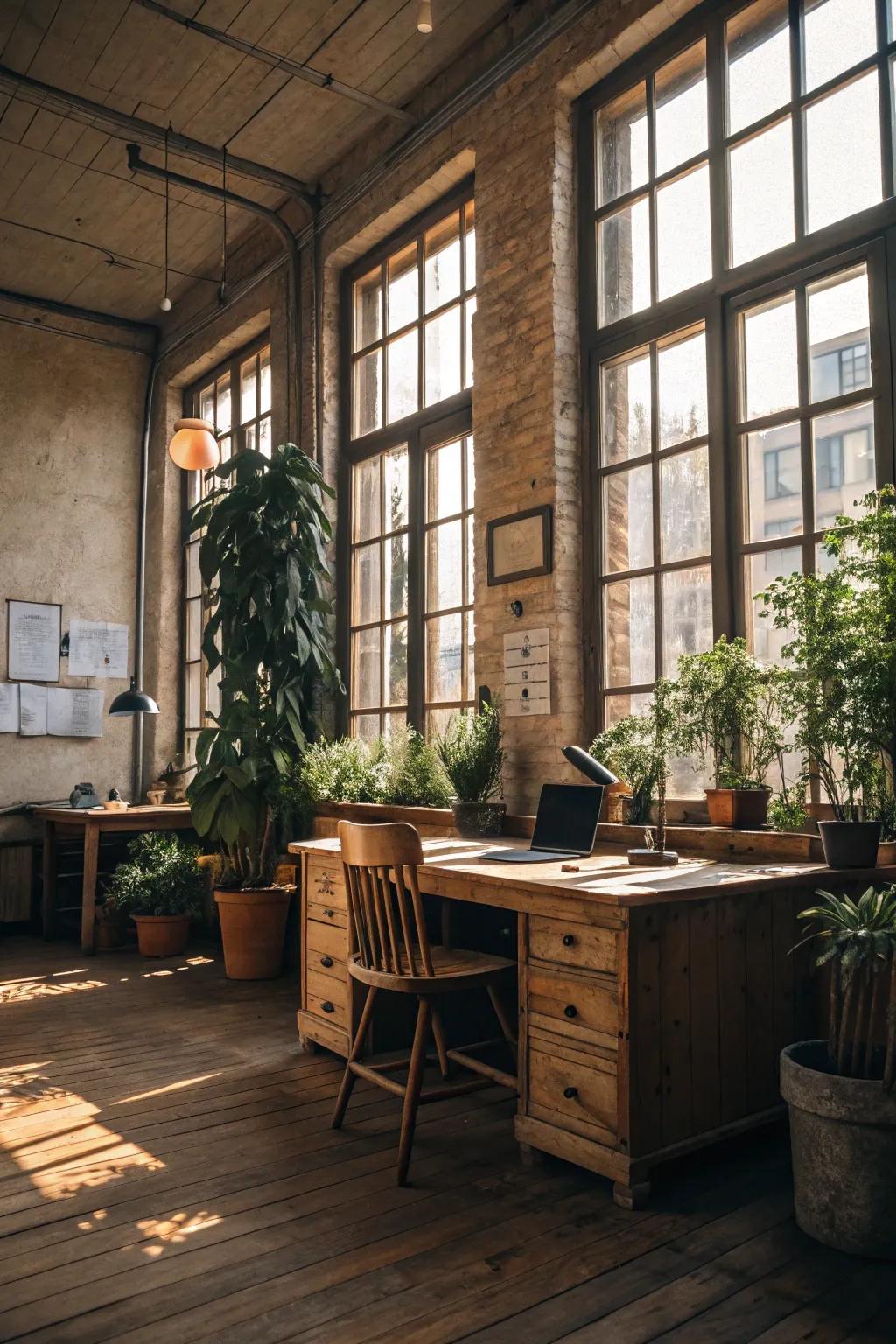 Sunshine enhances the warm tones of a country-style office.