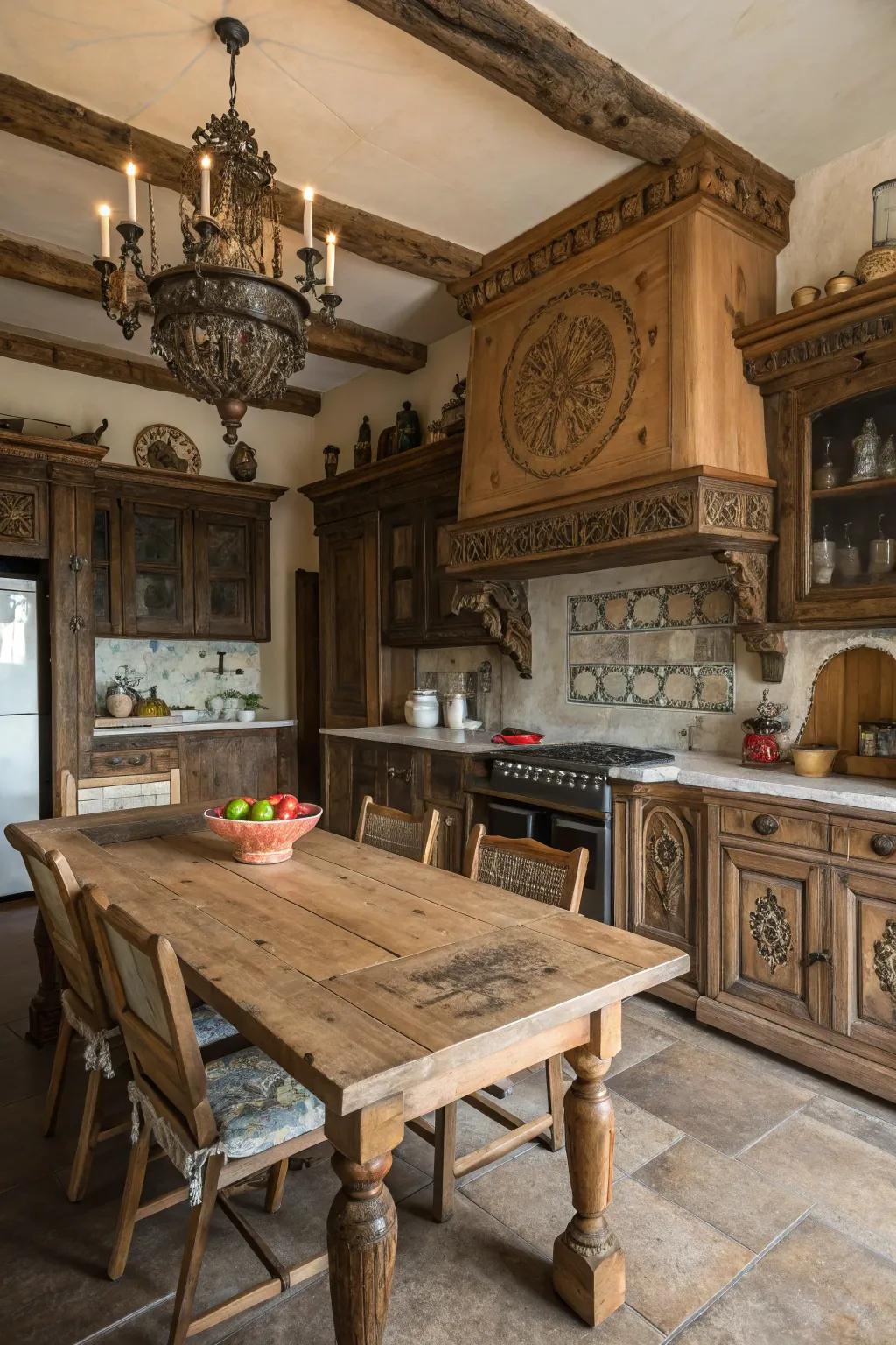 Elaborate wood etchings introduce plentiful detail to this cooking space.