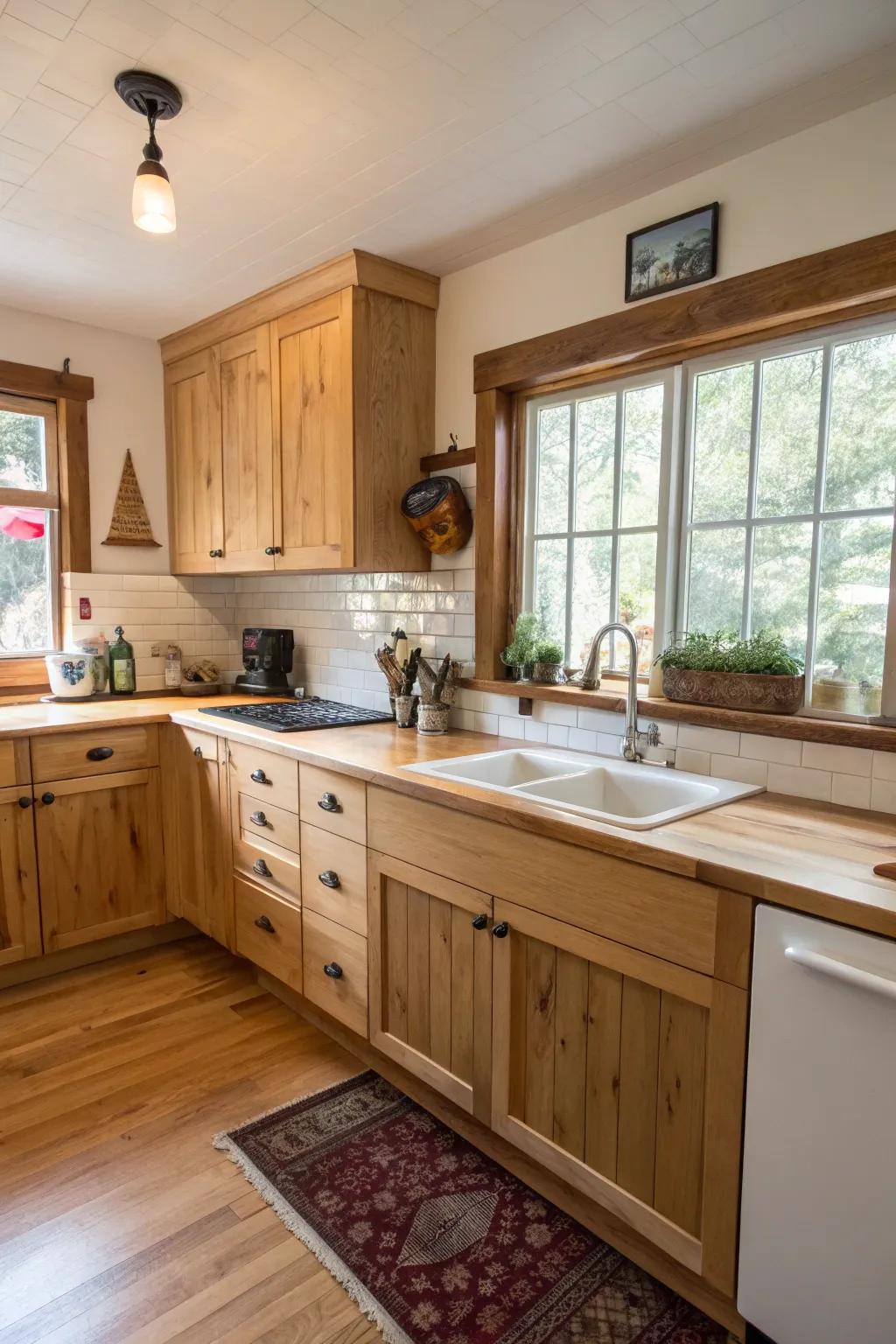 Hardwood slab countertops contribute warmth and practicality to the kitchen.